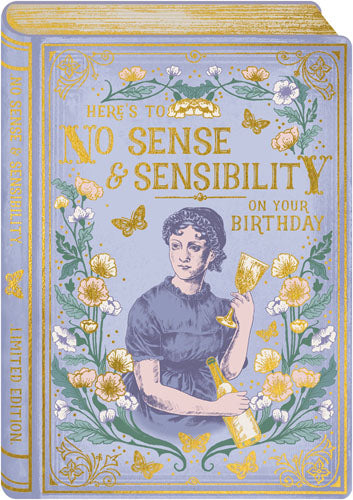 Inspired by her novel Sense and Sensibility, this card features an image of Jane Austen on a book cover drinking some birthday champagne. Embellished with gold detailing and adorned with butterflies and flowers, this card is perfect to deliver some birthday love. With a blank interior. Dimensions: 5" x 7" Handcrafted