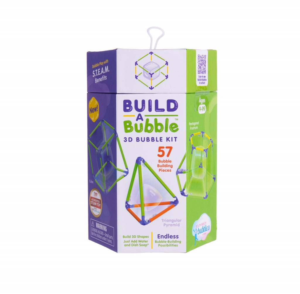 This fun and educational STEAM Build a Bubble 3D kit garners creative problem solving, builds spatial awareness, improved motor skills, and enhances logical thinking. With 57 child-friendly pieces, you can build various shapes of bubbles. Recommended ages: 9+ 57 Building Pieces Dimensions of package: 7" x 3" x 3.5"