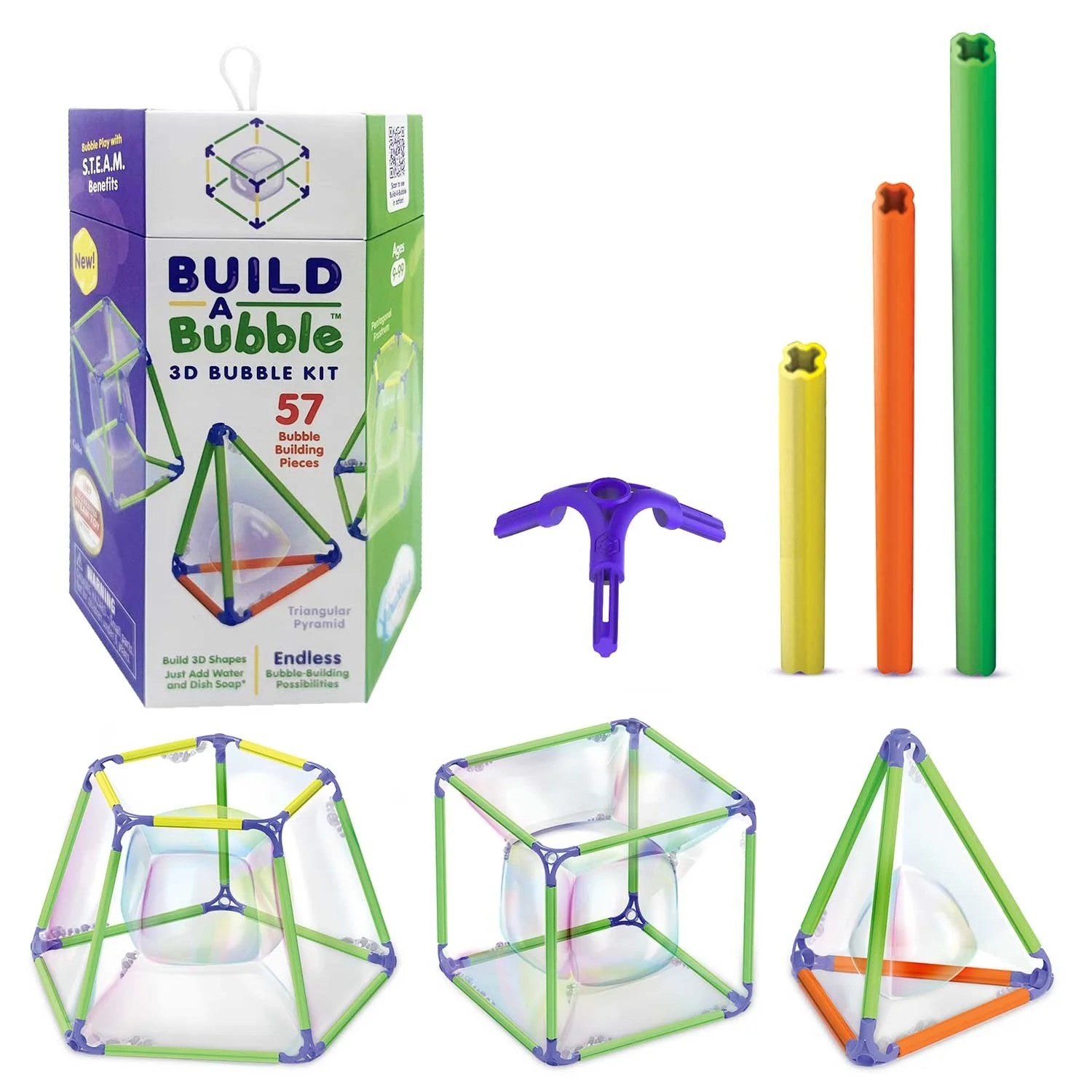 This fun and educational STEAM Build a Bubble 3D kit garners creative problem solving, builds spatial awareness, improved motor skills, and enhances logical thinking. With 57 child-friendly pieces, you can build various shapes of bubbles. Recommended ages: 9+ 57 Building Pieces Dimensions of package: 7" x 3" x 3.5"