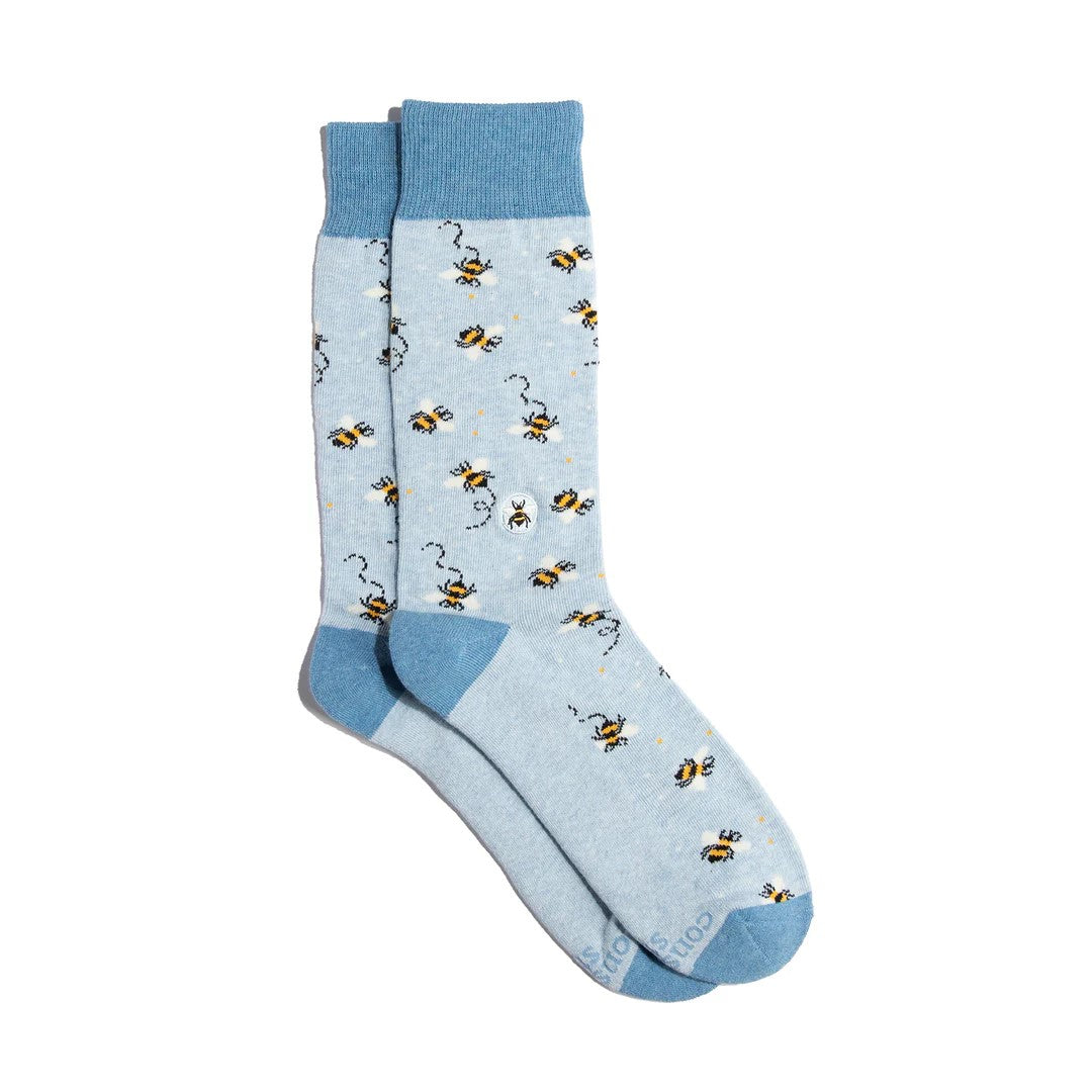 Protect our precious pollinator friends with these socks that are extremely buzzworthy. With a light blue background, bee your most authentic self with these super comfy and stylish socks. A great gift for all of the bee fanatics you know.  Fairtrade, Certified Organic Cotton Vegan Terry padding for comfort