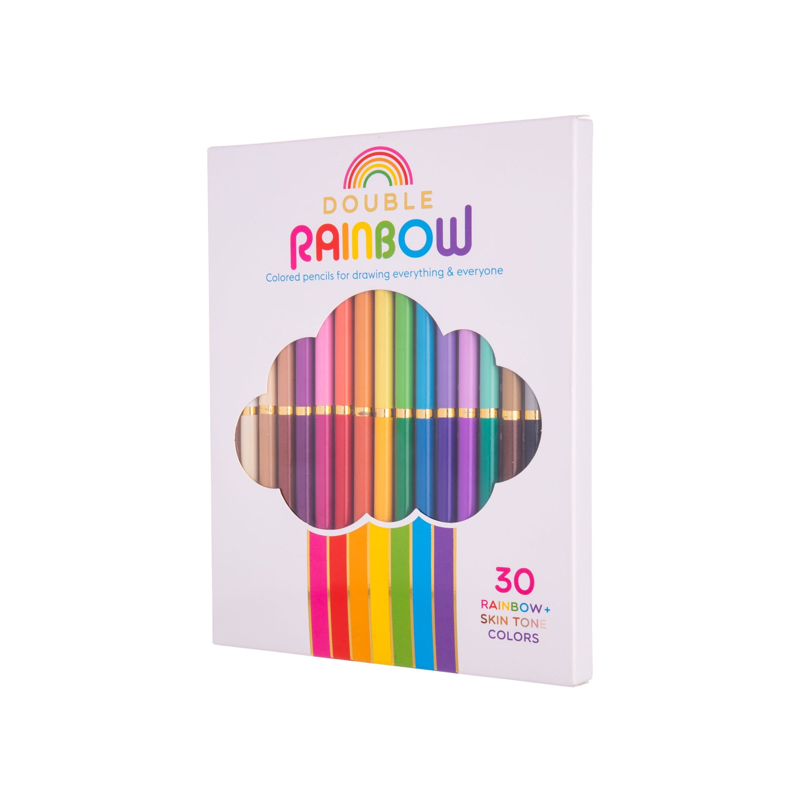 A package of Double Rainbow colored pencils with both rainbow and skin tone colors visible.