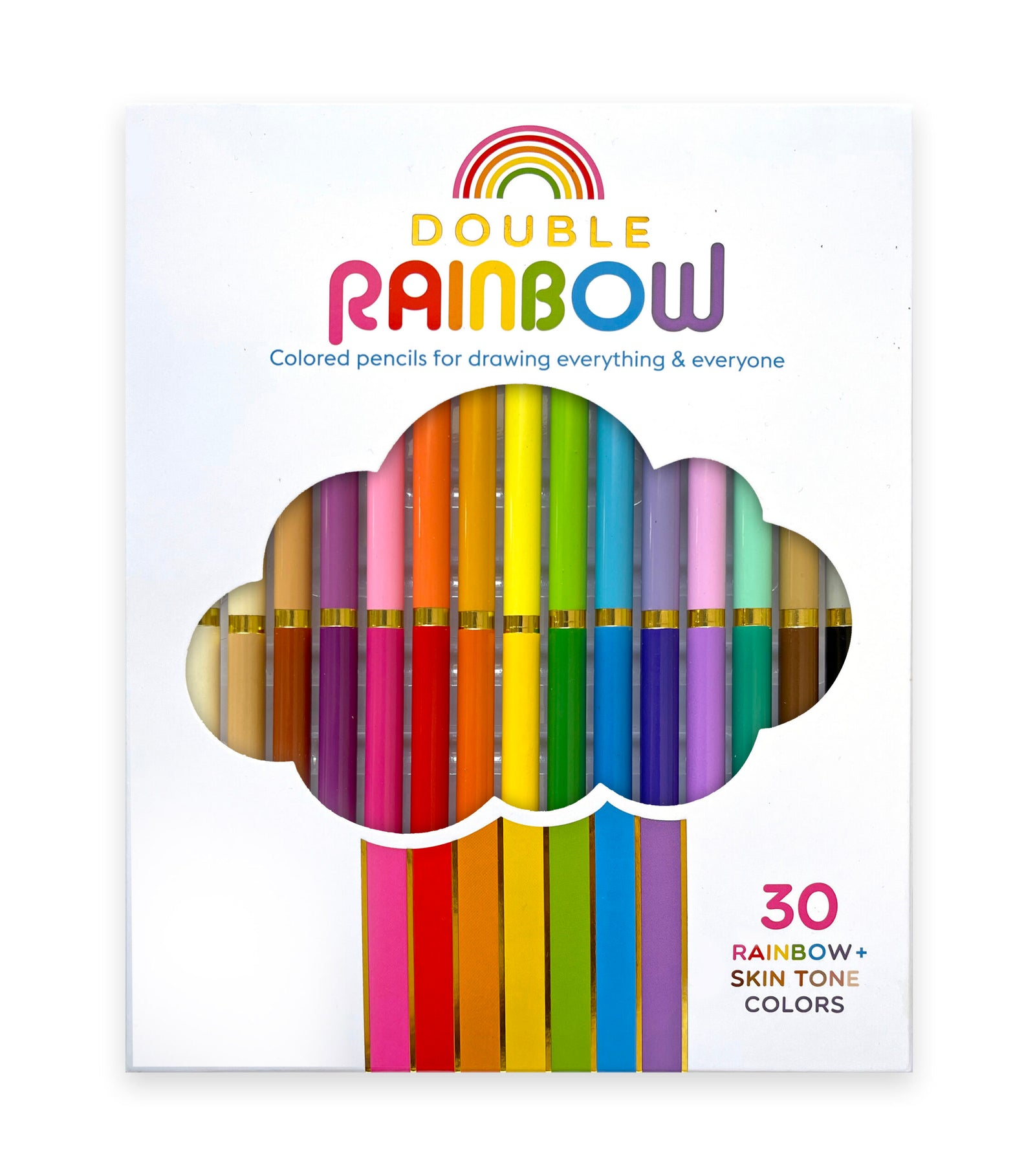 A package of Double Rainbow colored pencils with both rainbow and skin tone colors visible.