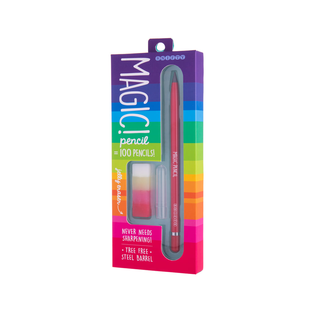 This magic pencil with jelly eraser set is magical, as it never needs sharpening! The pencil's compressed graphite tip equals 100 pencils, and comes with 2 extra tips as well as a red, pink, and yellow jelly eraser. The set is also earth-friendly! Graphite tip 2 extra tips included Dimensions: approx. 6" length