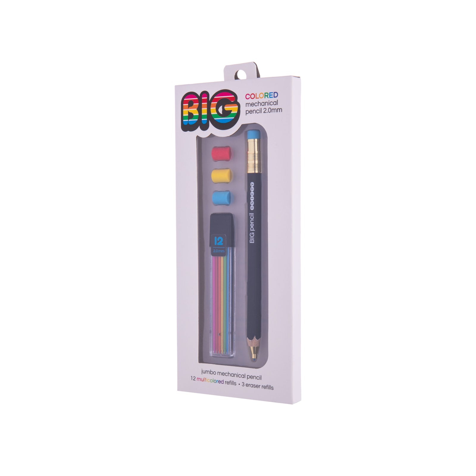 This jumbo mechanical pencil writes in rainbow colors, and has 3 different colored erasers. With 12 rainbow refills, you can keep writing in your favorite color and then switch it up for some variety! 2.0 mm lead Includes 3 eraser refills Thick natural wood barrel Dimensions (of pencil): approx. 6" length