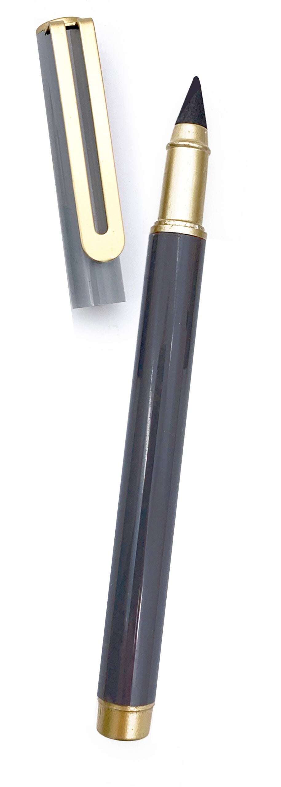 This Look Sharp graphite pencil looks like a pen, but its usage equals 100 pencils. With a compressed graphite tip, you'll be writing with this pencil for a while... Also included are two extra tips, an eraser, and a cap so you can protect the graphite tip when not in use. Dimensions of pencil: approx. 6.5" length