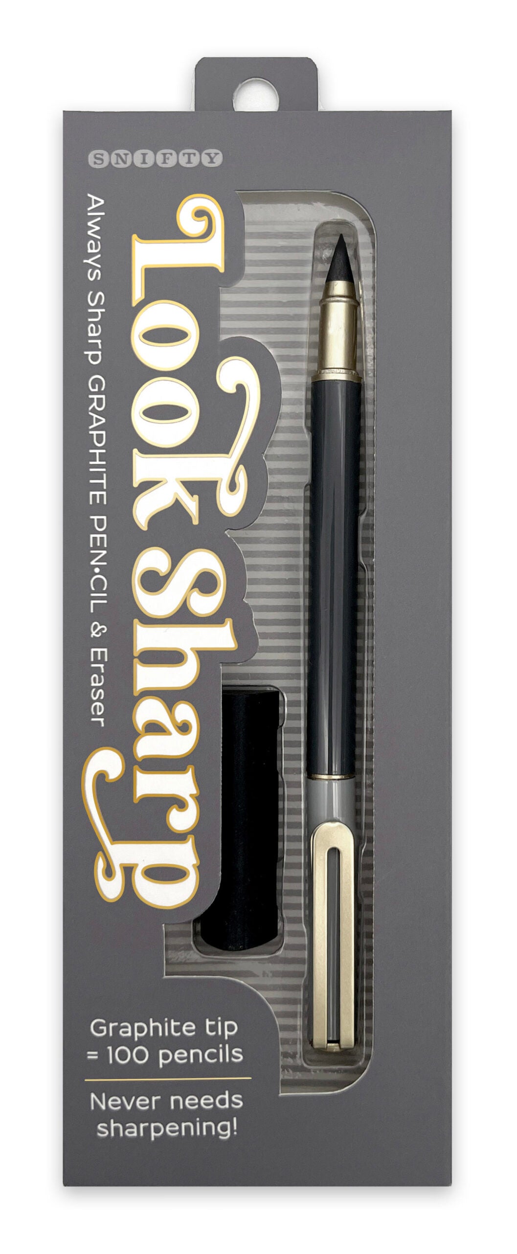 This Look Sharp graphite pencil looks like a pen, but its usage equals 100 pencils. With a compressed graphite tip, you'll be writing with this pencil for a while... Also included are two extra tips, an eraser, and a cap so you can protect the graphite tip when not in use. Dimensions of pencil: approx. 6.5" length