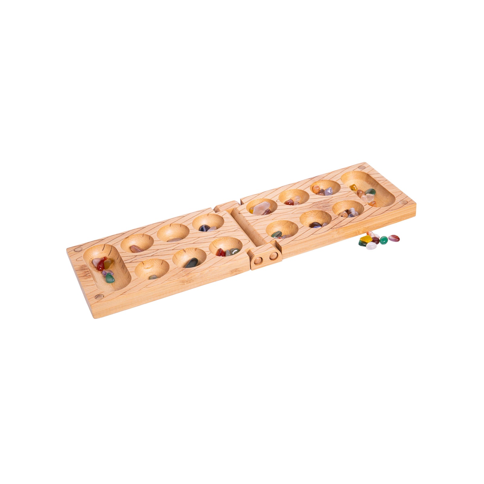 This travel-friendly version of the classic game Mancala comes in bamboo form! Take this game on the road or throw it in your carry-on for fun to be had anywhere. With a bamboo case, different-colored stones and a rule book included, you can have game night wherever you land! Recommended ages: 6+ 2-player game