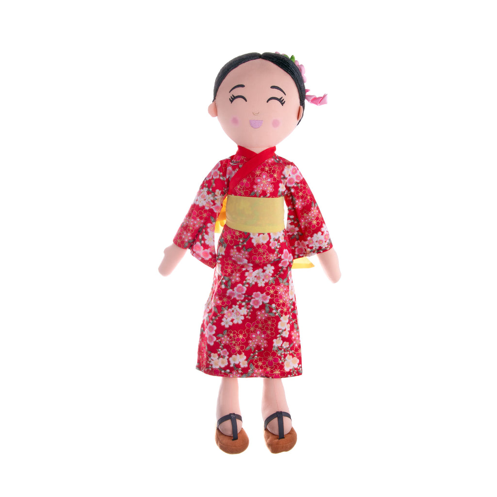 This beautiful doll's name is Aiko which means "little loved one" in Japanese. In authentic Japanese dress, Aiko wears a beautiful red Yukata Kimono with a pink blossom pattern, a sheer yellow Obi, and traditional Geta footwear. Dimensions: 20" × 8" × 5" Material: Polyester, Cotton All Ages