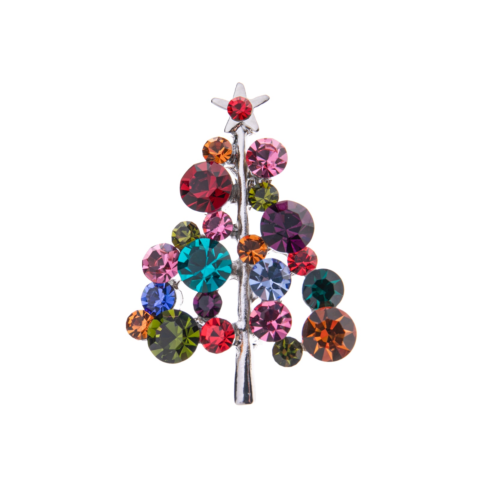 Get festive with this multi-jeweled tree pin! In multi-color rhinestones with a metal base, this colorful tree pin is perfect to liven up any outfit for the holidays! Wear it to a holiday party, or to work all holiday season to sparkle and shine like a lit-up Christmas tree. Multi-rhinestone pin Dimensions: 2" x 1.25"