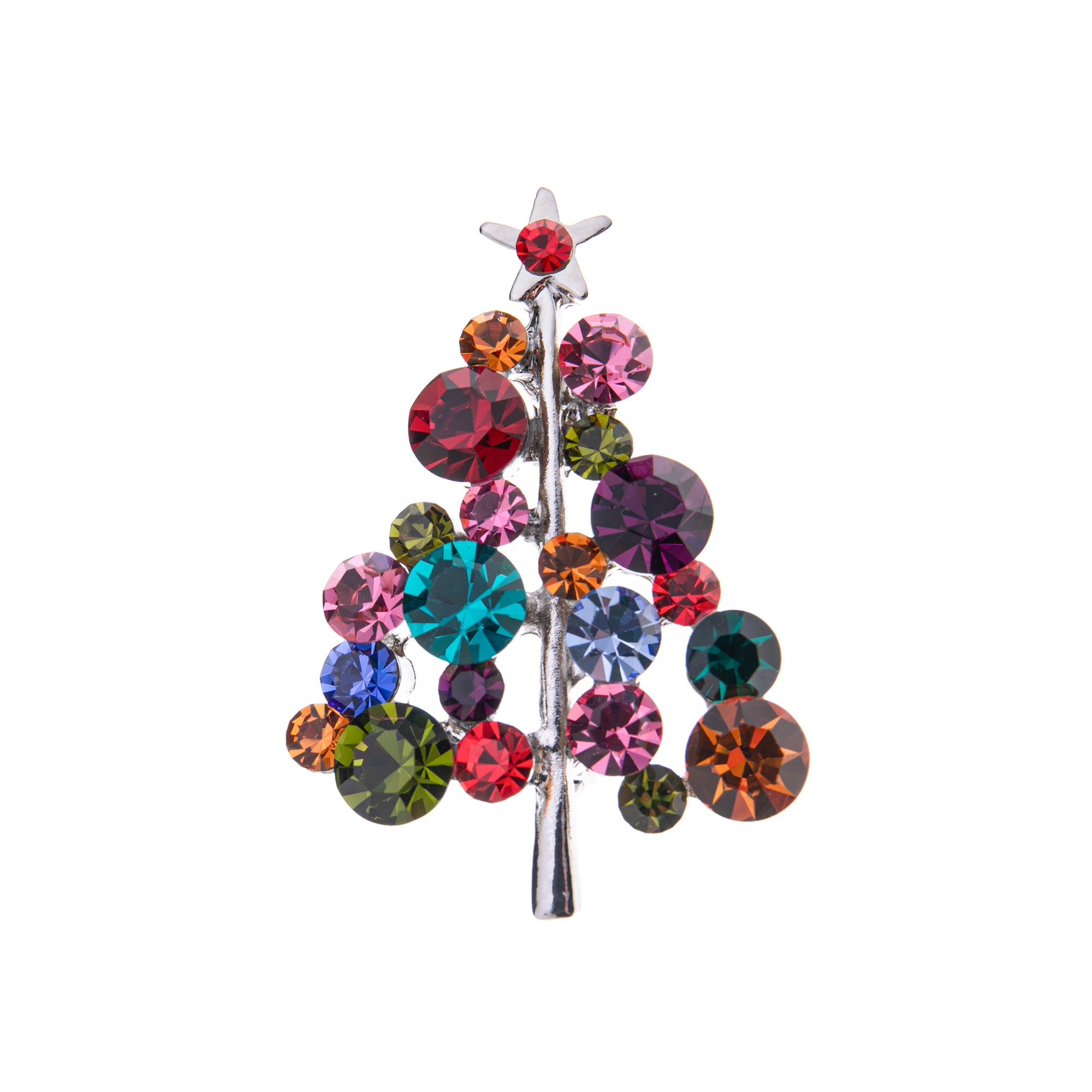 Get festive with this multi-jeweled tree pin! In multi-color rhinestones with a metal base, this colorful tree pin is perfect to liven up any outfit for the holidays! Wear it to a holiday party, or to work all holiday season to sparkle and shine like a lit-up Christmas tree. Multi-rhinestone pin Dimensions: 2" x 1.25"