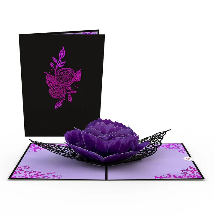 Send some beautifully gothic greetings with this Ornate Purple Rose Bloom 3D pop-up notecard! Featuring a purple rose blooming and with filagree detail, this 3D pop-up notecard is perfect for sending a note to a loved one. 3D Pop-up card Includes blank envelope and notecard Dimensions: 5" x 7"