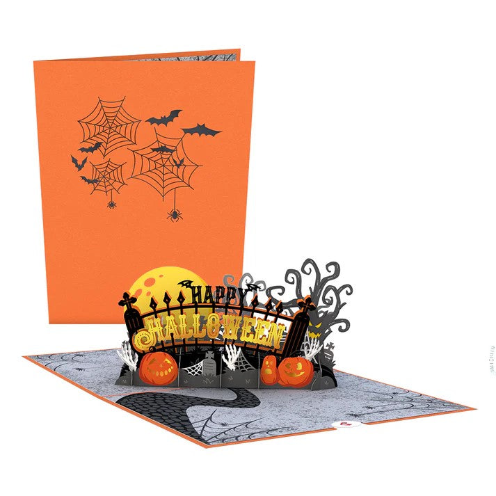 Send along some spooky season greetings with this Happy Halloween 3D pop-up notecard! Featuring a creepy graveyard with scary trees, cute jack-o-lanterns, and a bright yellow moon, this card is perfect for sending a fun note to a loved one. 3D Pop-up card Includes blank envelope and notecard Dimensions: 5" x 7"