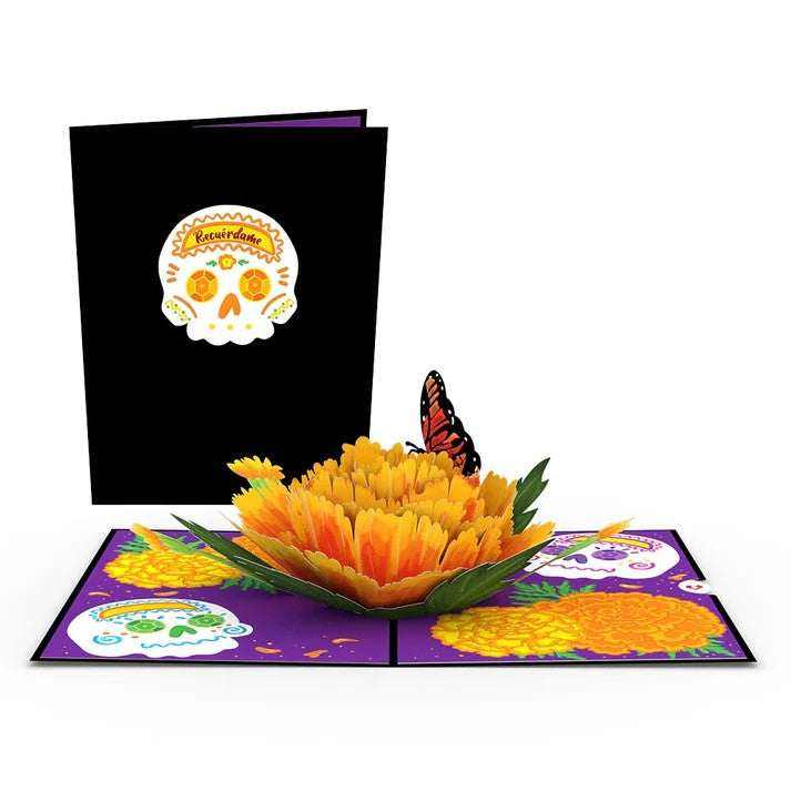 Honor Dia de Los Muertos and loved ones and ancestors with this 3D pop-up notecard. The blank notecard features a message that reads "Recuerdame" which is "Remember me" in Spanish. Once opened, you will find calaveras adorning the orange marigold. Includes blank envelope and notecard Dimensions: 5" x 7"