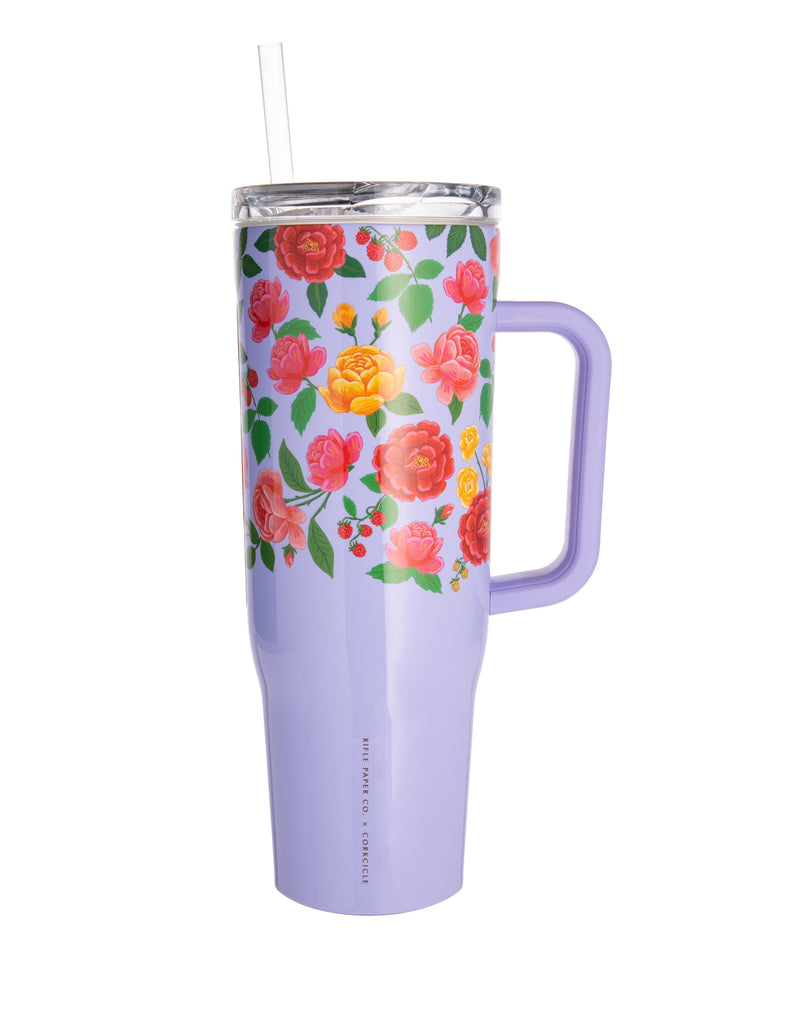 Sip in style wherever you go with this pretty purple roses cruiser cup. This charming lilac cruiser cup, adorned with vintage rose details, is great for taking your favorite beverage with you wherever you go. Its triple insulation will keep drinks cool for 20 hours or hot for nine hours, and its sip-and-straw lid and cupholder-friendly silicone base make it ideal for traveling 40-oz. capacity.