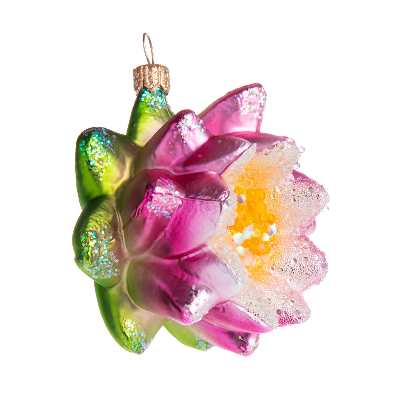 Add a little peace and tranquility to your holiday decor with this sparkling water lily glass ornament. Handmade and hand-glittered glass ornament.