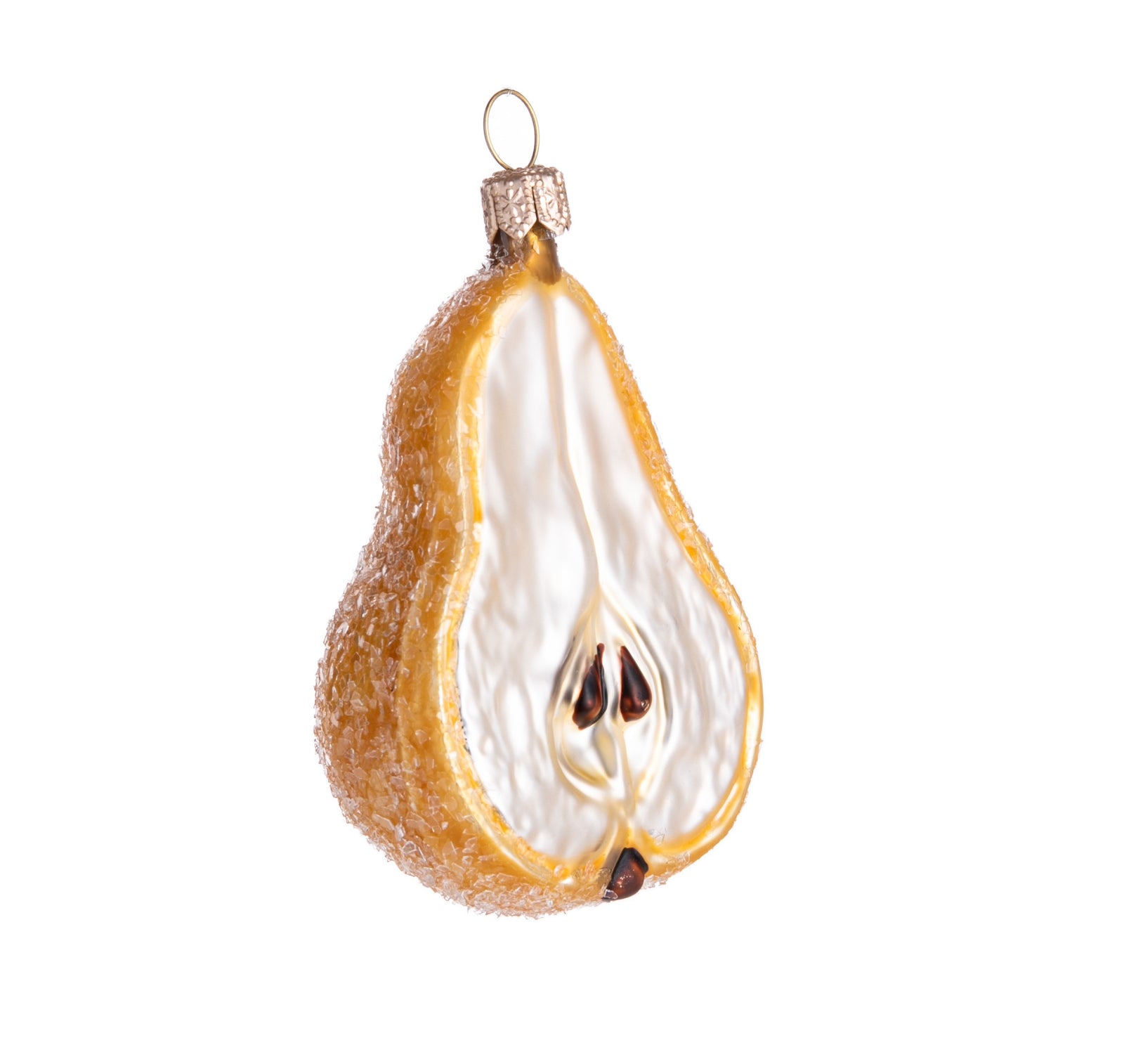Add a touch of fantastical, fruity fun to your holiday decor with this sparkling half pear ornament. This delightfully detailed ornament is hand finished and glittered giving it a wonderfully enchanting look. Glass ornament. Hand painted and glittered. Dimensions: 3" x 1.75" x 1.5".
