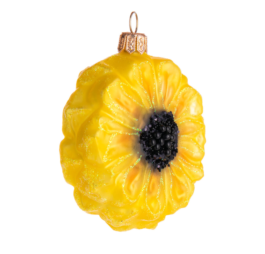 Add a burst of positivity to your holiday decor with this sparkling yellow sunflower ornament. Handmade and hand-glittered glass ornament.