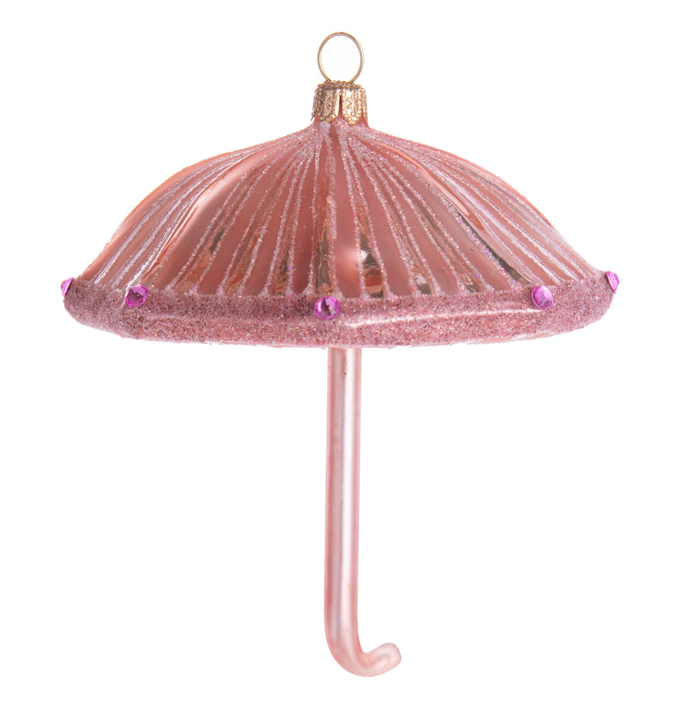 Add some sparkle to your holiday decor, come rain or shine, with this charming pink umbrella ornament. Prettily hand decorated with glitter and rhinestones.