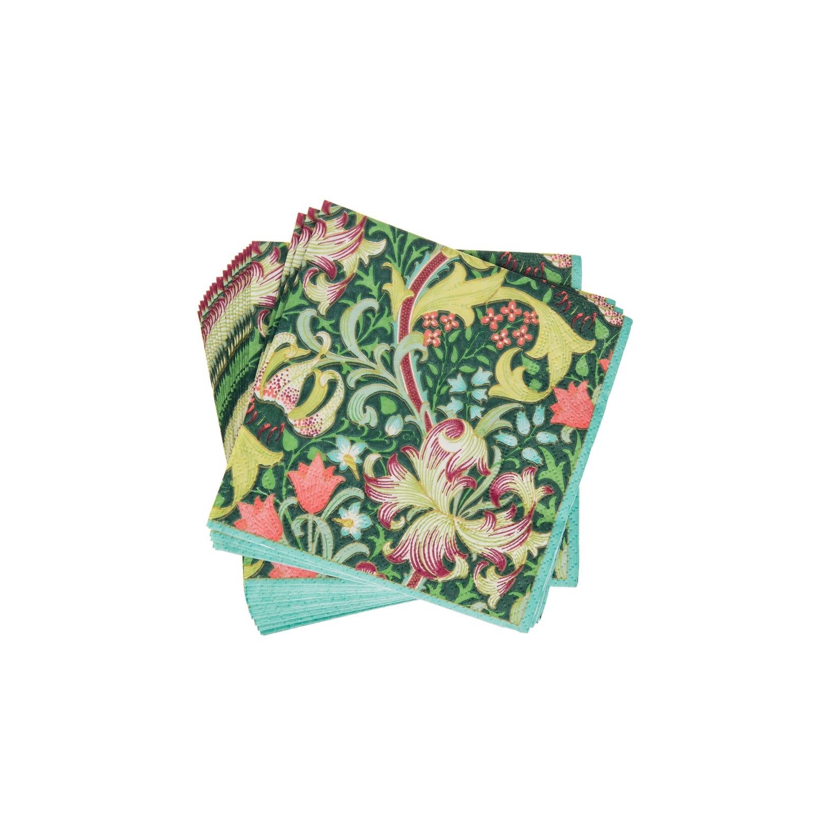 Set of William Morris Golden Lily floral patterned napkins on a white background