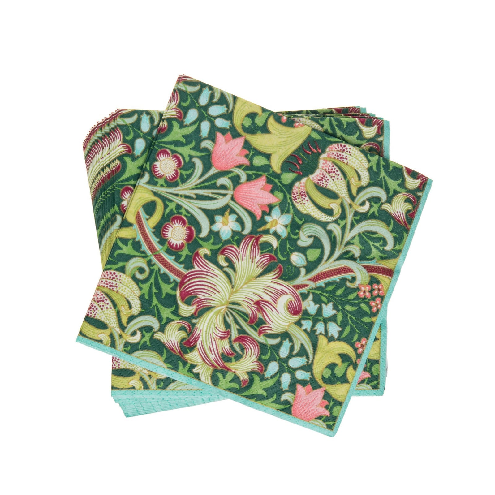 Set of William Morris Golden Lily floral patterned napkins on a white background