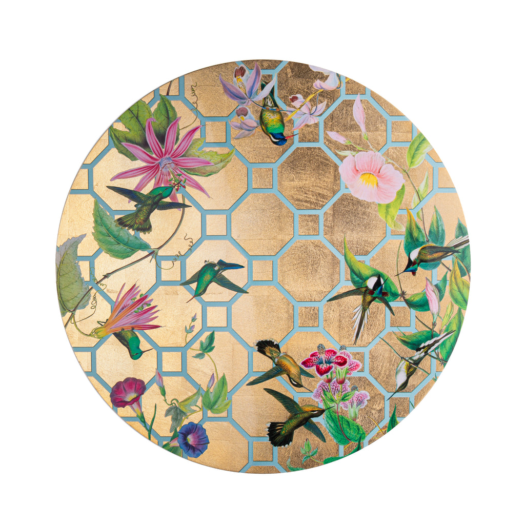 Made from durable, high-quality materials, this Hummingbird Trellis Placemat would make a lovely addition to your home. Featuring metallic accents that are made with genuine gold leaf, this lacquered wood placemat is eye-catching and would elevate any dining area. Dimensions: 15" Diameter Material: Lacquered Wood