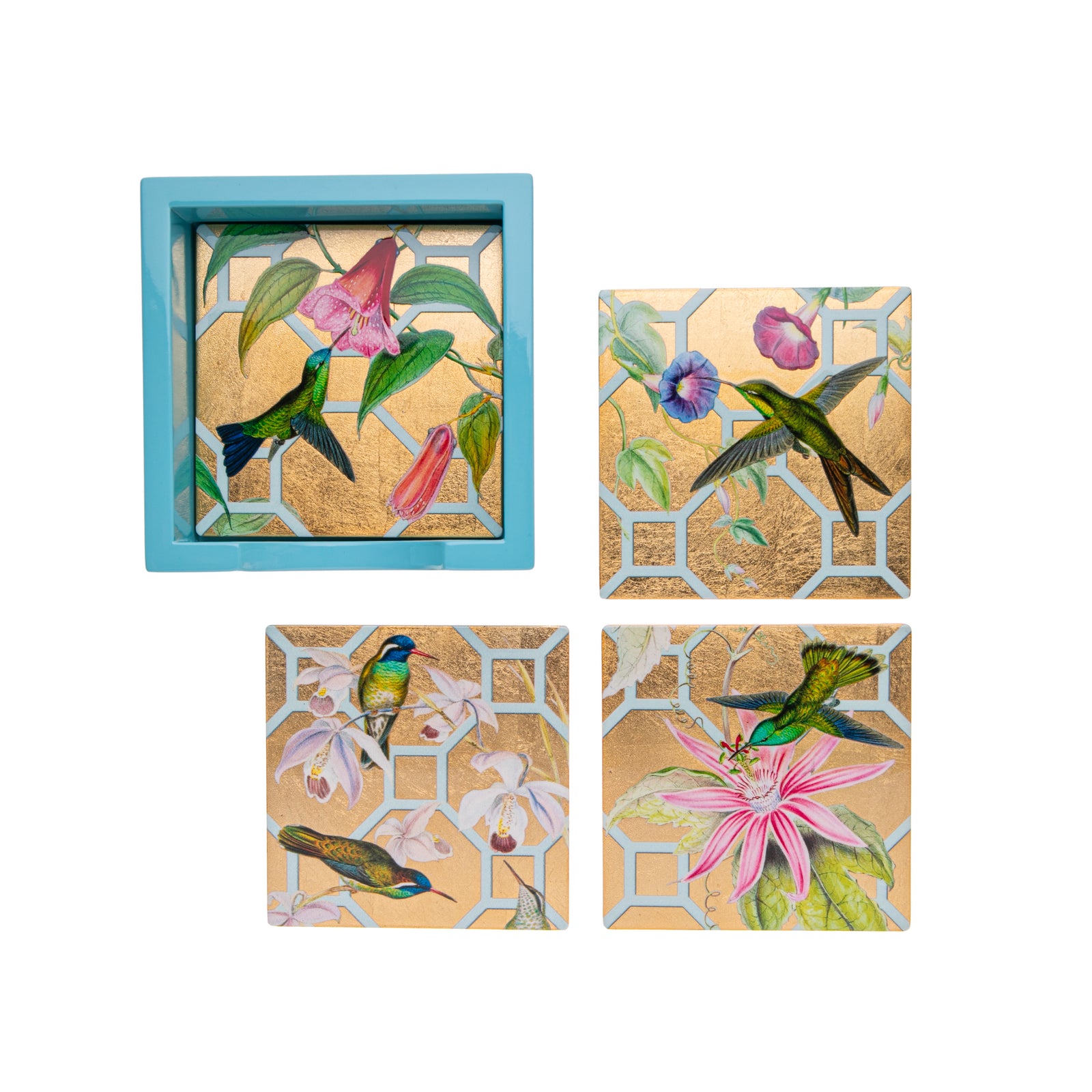 Made from durable, high-quality materials, these hummingbird coasters with holder included would make a lovely addition to your home. Featuring metallic accents that are made with genuine gold leaf, these coasters are eye-catching and would elevate your dining area. Dimensions: 4", 4.75" Holder Material: Lacquered Wood