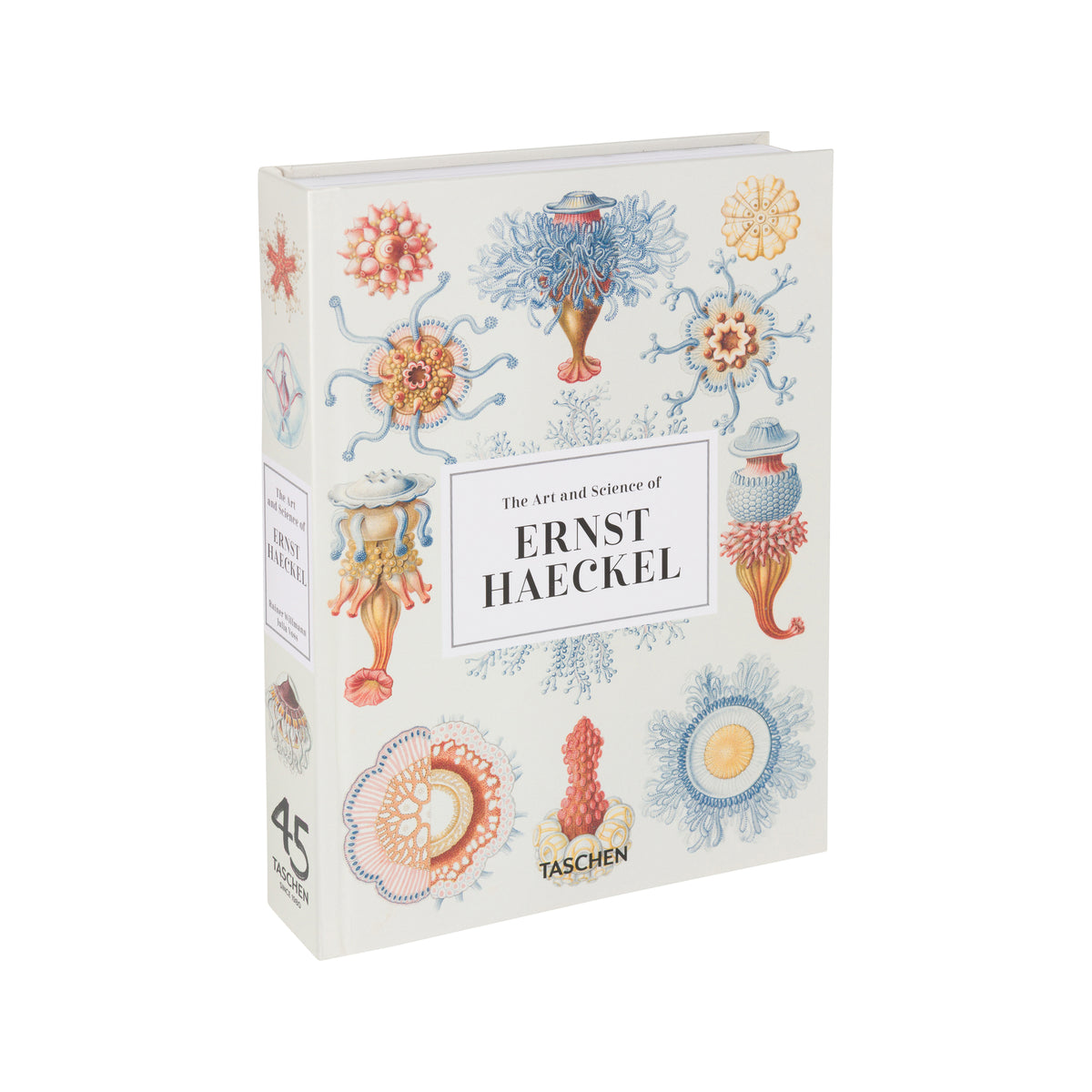 The Art and Science of Ernst Haeckel book by Taschen, featuring vintage scientific illustrations of marine life on an off-white cover, shown at a three-quarter angle on a white background.