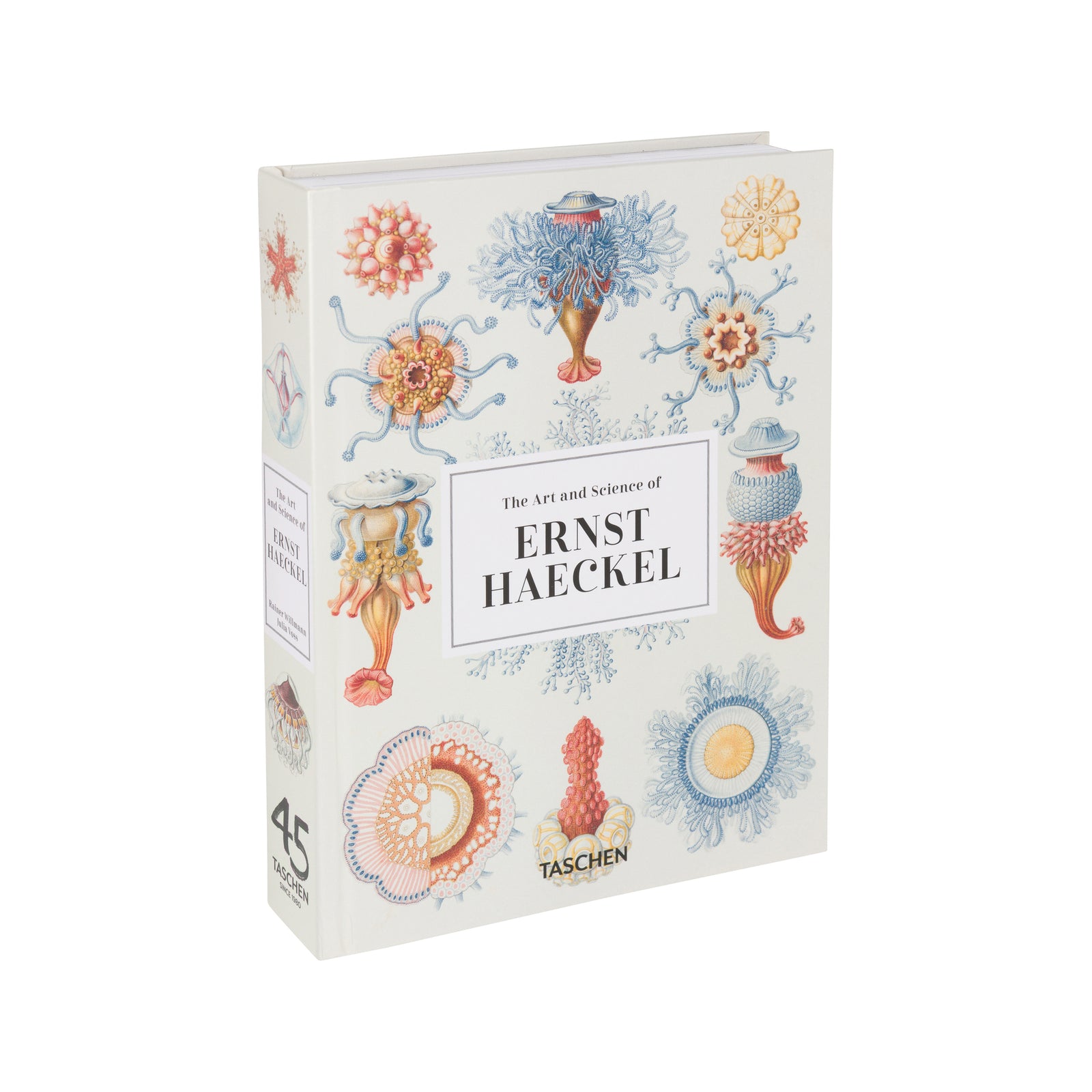 The Art and Science of Ernst Haeckel book by Taschen, featuring vintage scientific illustrations of marine life on an off-white cover, shown at a three-quarter angle on a white background.
