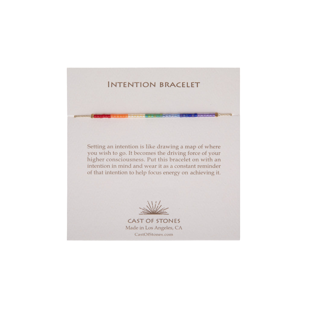 Put this glass bead rainbow bracelet on with an intention in mind and wear it as a constant reminder of that intention to help focus energy on achieving it. Dimensions: 9" bracelet Material: Glass beads Adjustable with slide clasp Note: All stones vary in size and shape. Made in California