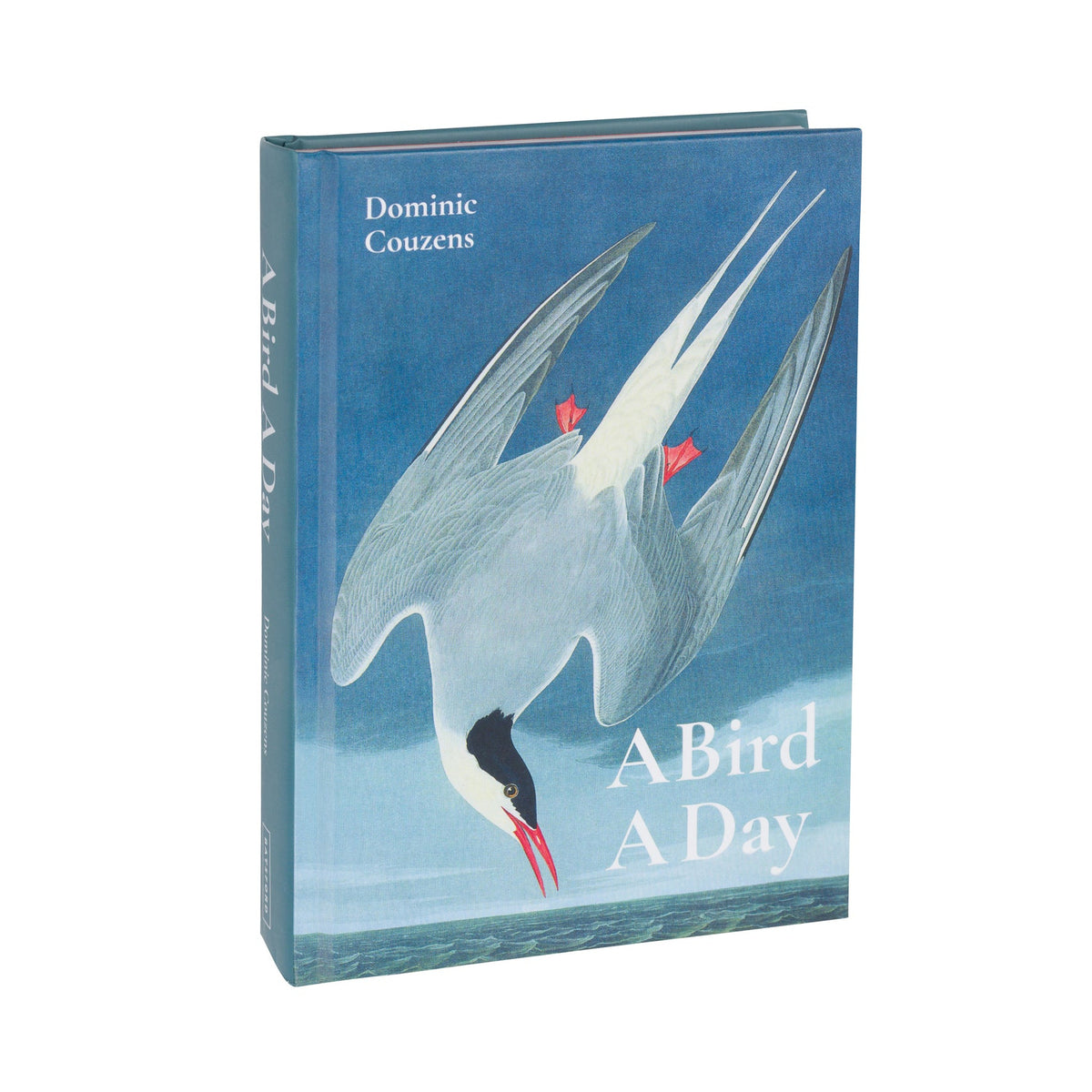 A hardcover book titled 'A Bird A Day' by Dominic Couzens, featuring a detailed illustration of a flying tern on the cover against a clean white background.