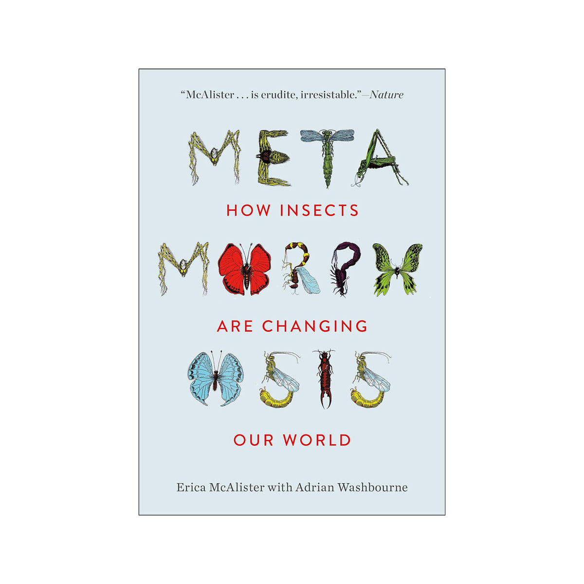 Book cover of 'Meta Morphosis' with illustrations of insects on a light blue background