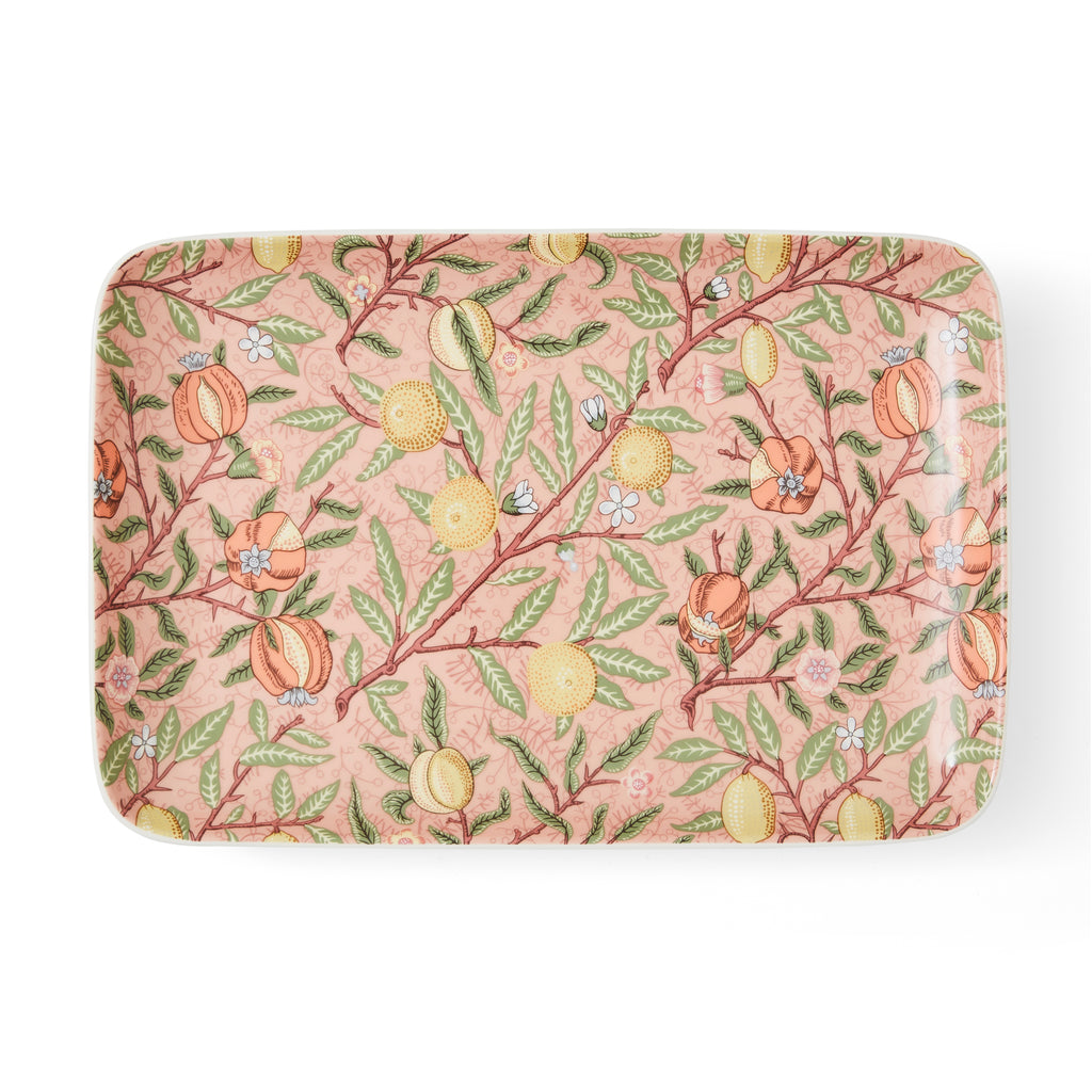 Celebrate William Morris with this ceramic serving tray with William Morris' Fruit (1886) featuring pomegranates and lemons. William Morris is regarded as one of the greatest designers of the Arts and Crafts movement. Dimensions: 12" L x 8.9" W x 1.6" D Dishwasher, microwave, oven, and freezer-safe Material: Porcelain