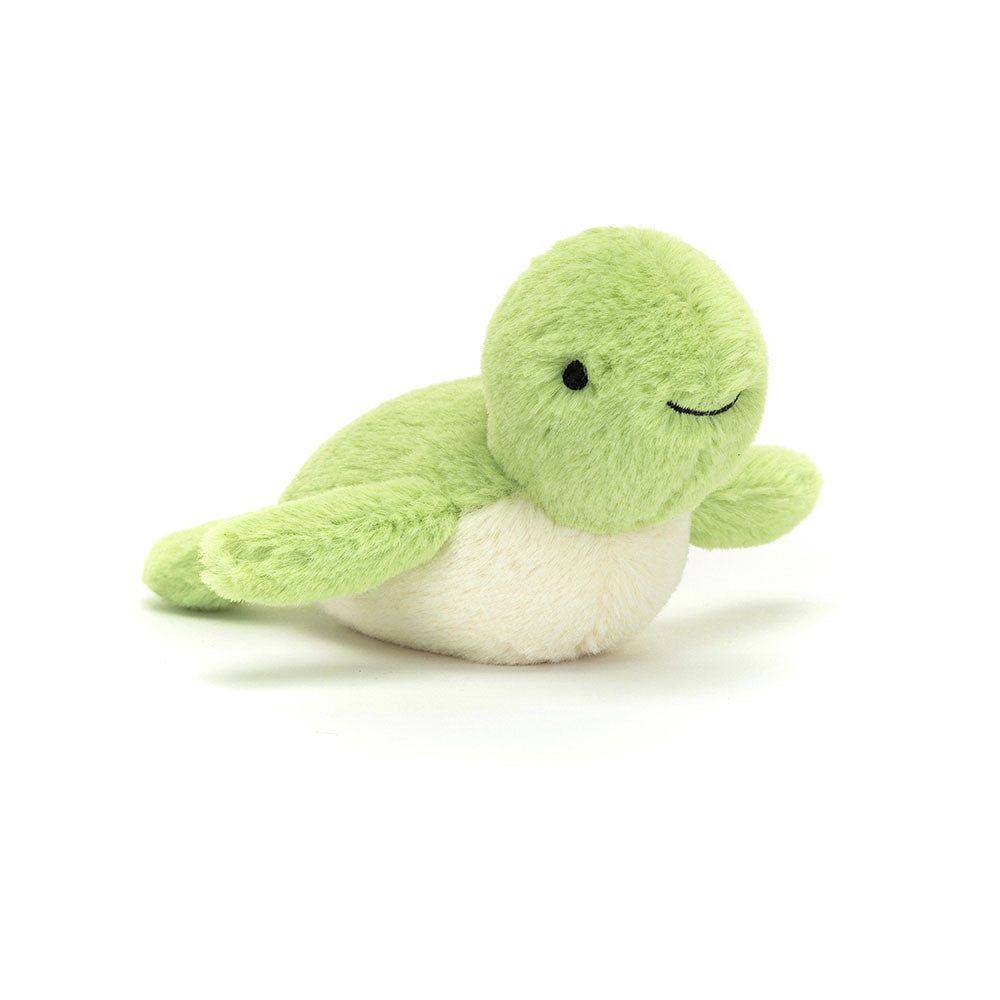 Fluffy Turtle is the sweetest and softest little reptile! With a zesty lime shell, leafy flippers, a cream-colored tummy and the biggest stitched smile, this turtle is the cutest! He's ready to swim into your life and be your new sea bestie. Dimensions: 2.8" x 2" x 3.5" Material: Polyester, PE Beans Suitable from birth