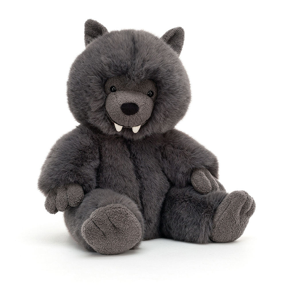 Wilf Wolf is extremely soft with charcoal-grey fur, suedette ears and soft fangs. With a friendly smile and the softest snout, we are just howling with joy when we see him!  Not recommended for children under 12 months due to fiber shedding. Dimensions: 11" x 7.1" x 4.7" Materials: Polyester Fibers, PE Beans