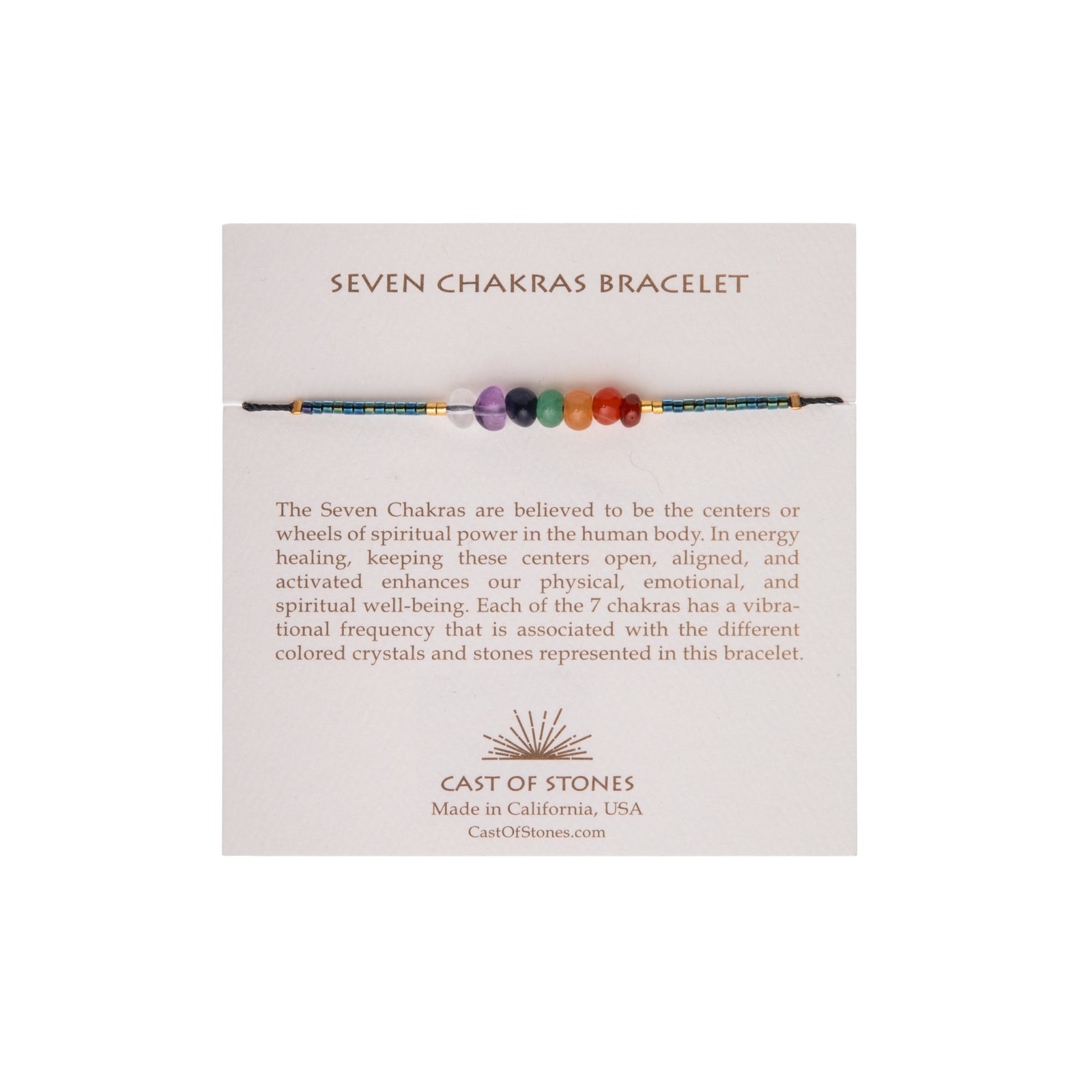 Need to get centered? This Seven Chakras glass beaded bracelet has you covered! Each of the 7 chakras has a vibrational frequency that is associated with the different colored crystals and stones represented in this bracelet. Dimensions: 9" bracelet Material: Glass beads Adjustable with slide clasp 