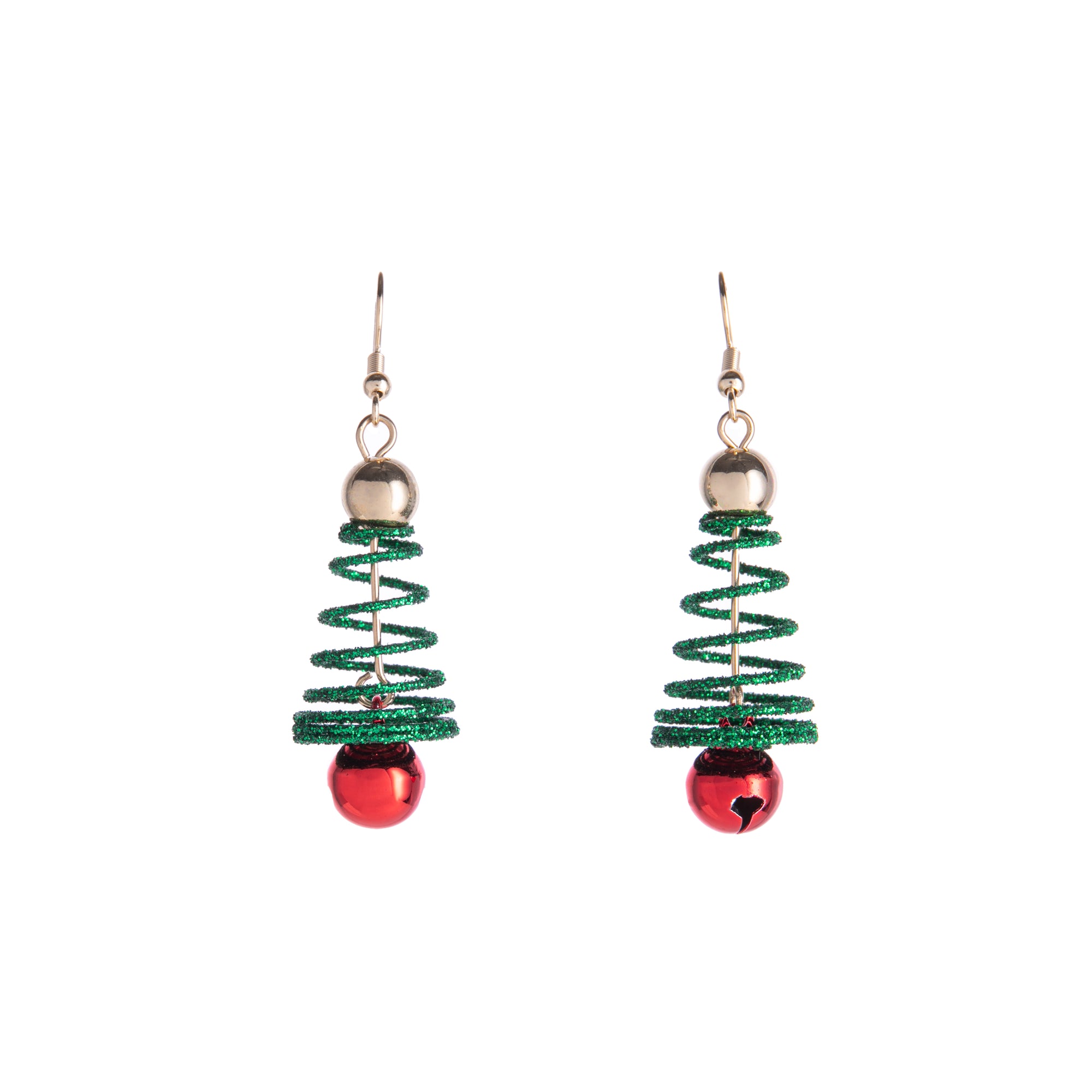 Jingle all the way down the street with these festive jingle bell tree earrings. Featuring a green coiled tree with red jingle ball, ring in the holidays with these adorable earrings. Perfect for a holiday party, or a stocking stuffer! Dimensions: 2" incl. earring hook Material: 18k Gold-plated Brass Lead-free