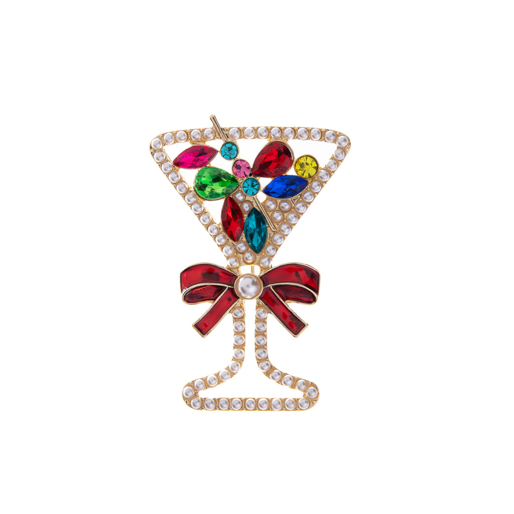 Featuring a colorful cocktail with multicolor rhinestones, as well as a red holiday bow, imbibe in this glimmering and very spunky pin. 