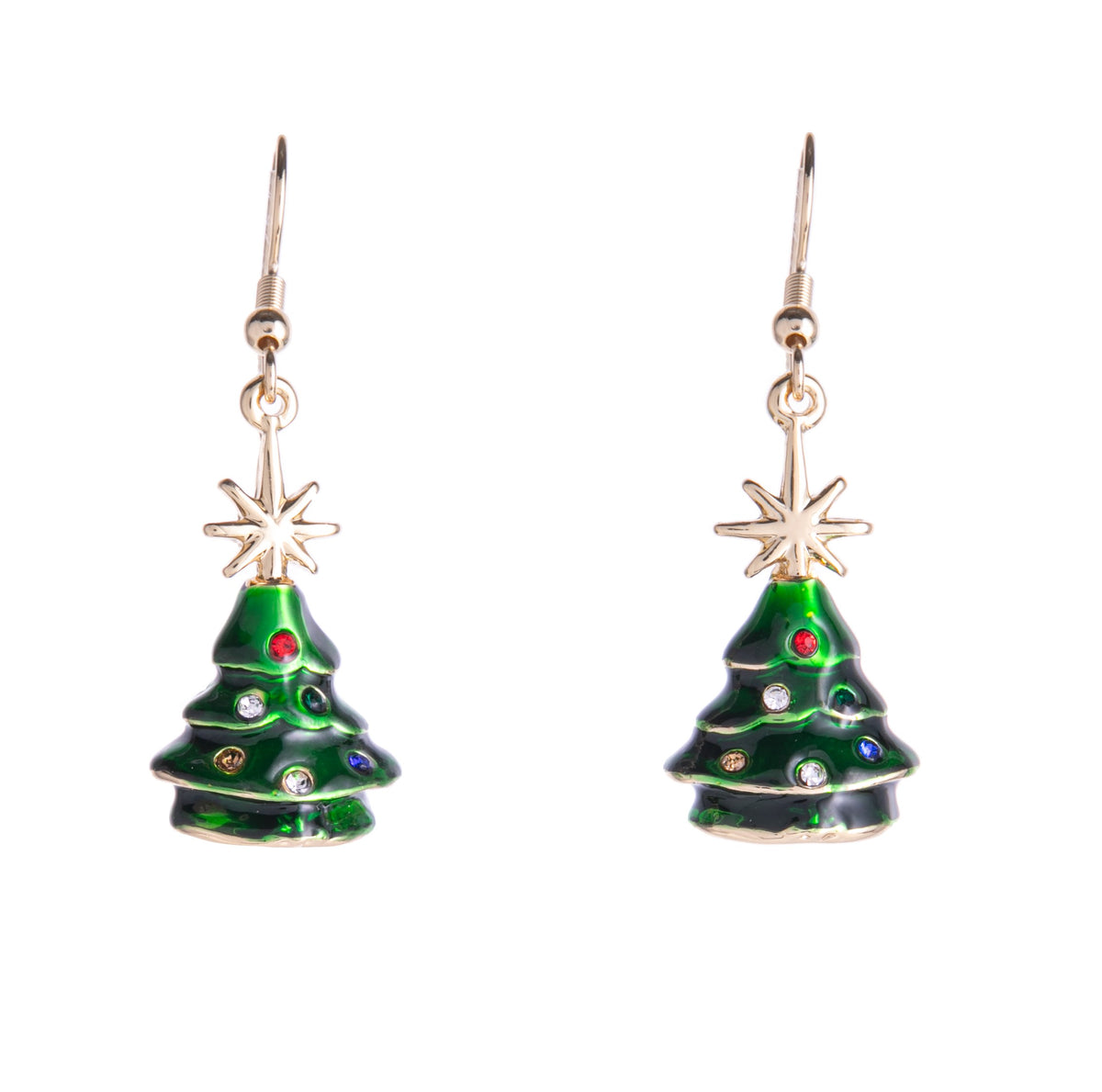 Add some festive sparkle to your outfit! With a green enamel, and crystal accents for ornaments, make any look even more jolly with these fantastic retro-style earrings. 