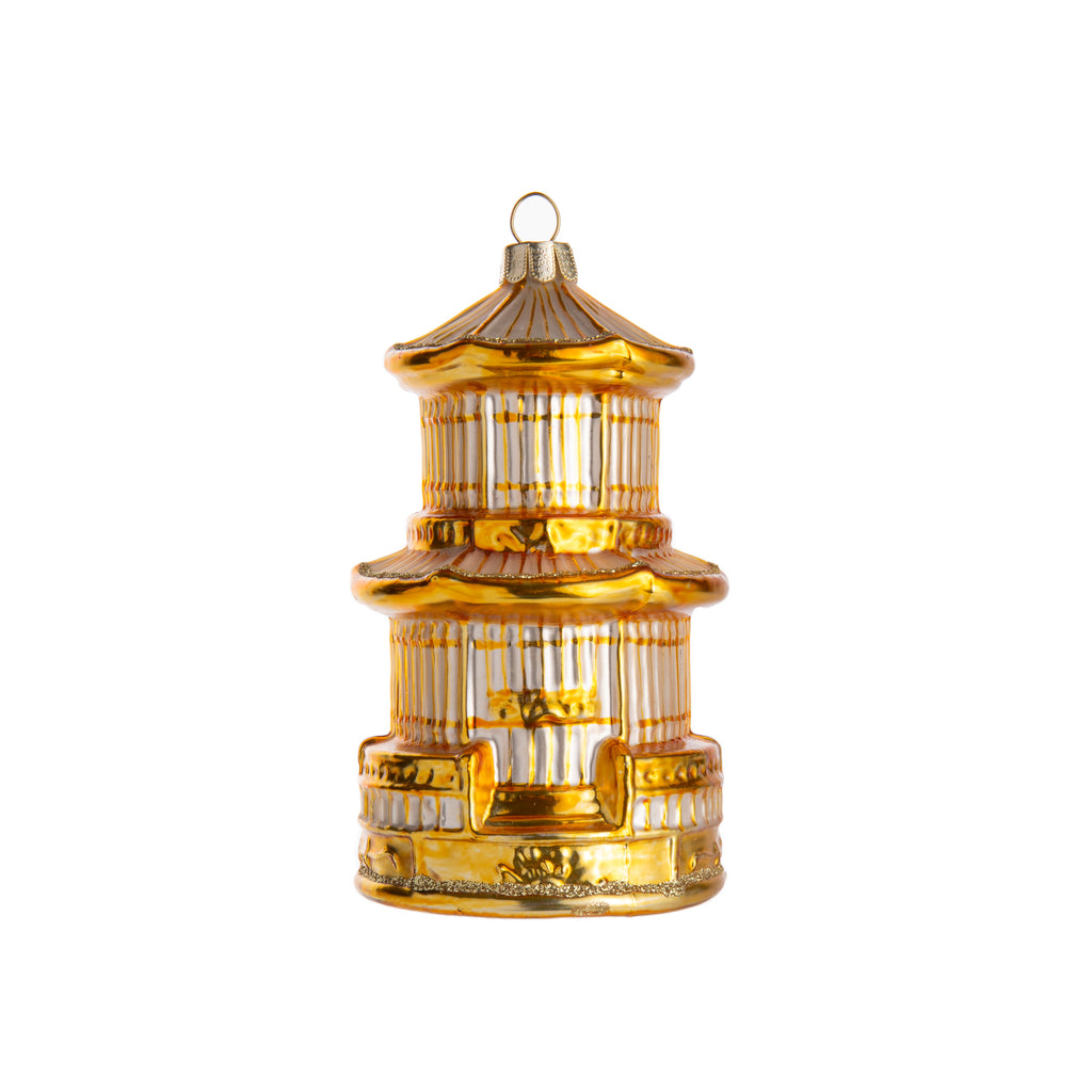 Ornate and golden, this gilded birdcage ornament will glisten on your holiday tree! Hand-decorated with glitter, this stunning multi-layered glass birdcage is inspired by chinoiserie and perfect for a golden and antique-inspired look to your holiday decor. Dimensions: Approx. 5" Height Hand-decorated glass ornament