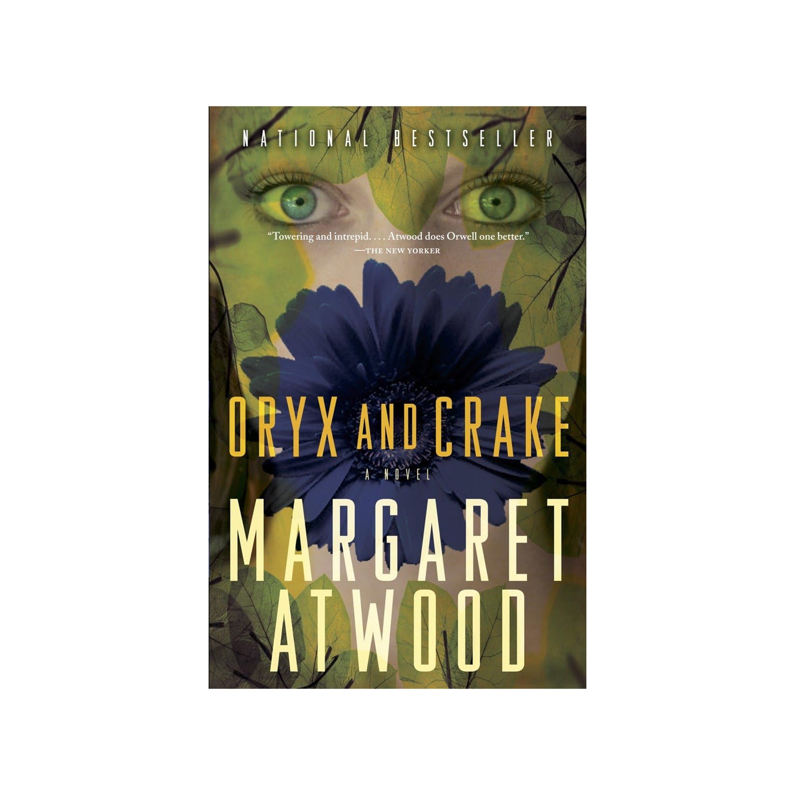 Book cover of 'Oryx and Crake' by Margaret Atwood with a flower and eye design.