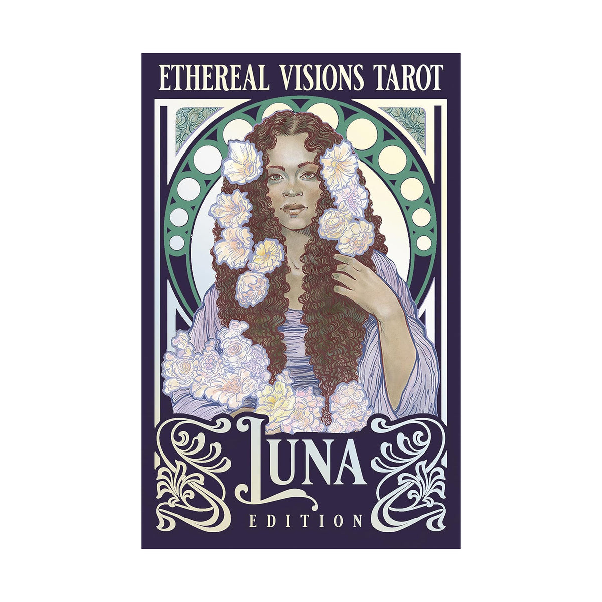 A tarot card titled 'ETHEREAL VISIONS TAROT' featuring an Art Nouveau style illustration of 'LUNA' with long wavy brown hair adorned with white flowers, set against a dark purple and green background.