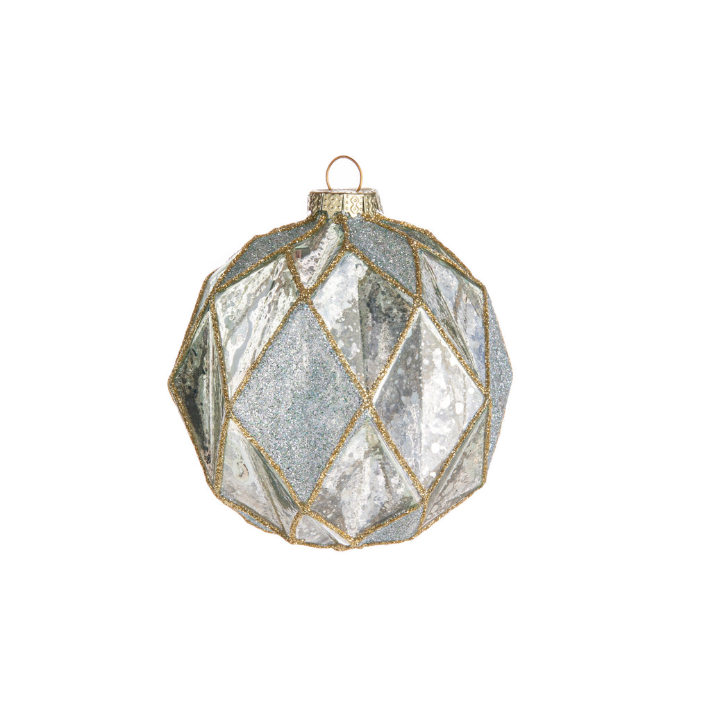 Dazzle your tree with this silver faceted glass ornament! Made from mercury glass, this faceted glass ball ornament is hand-decorated with glitter and sparkles like a dream. Perfect for a silver moment, or just adding the glitz and glamour to your holiday tree. Dimensions: 4" Hand-decorated glass ornament