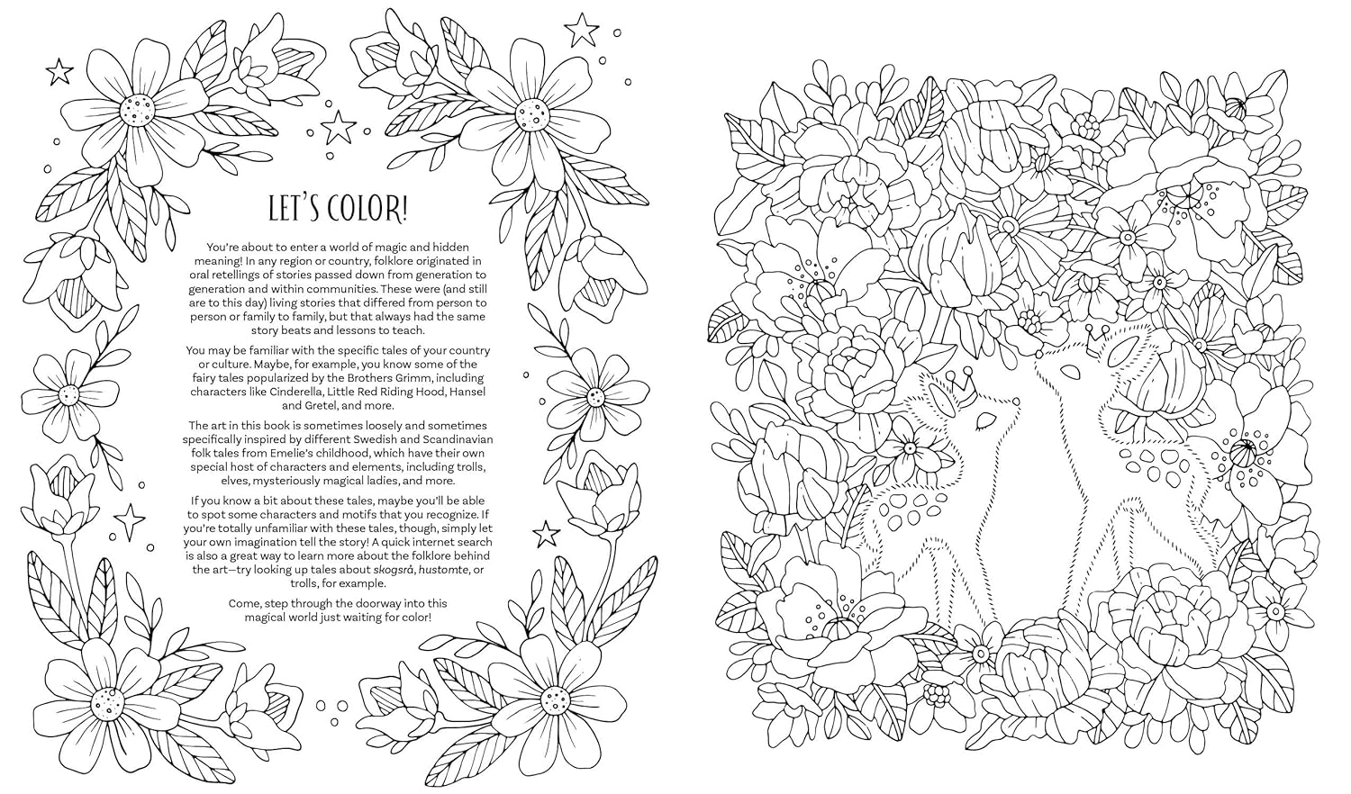 Colorful book cover of 'Fairy Tales & Folklore Coloring Book' with animals and foliage.