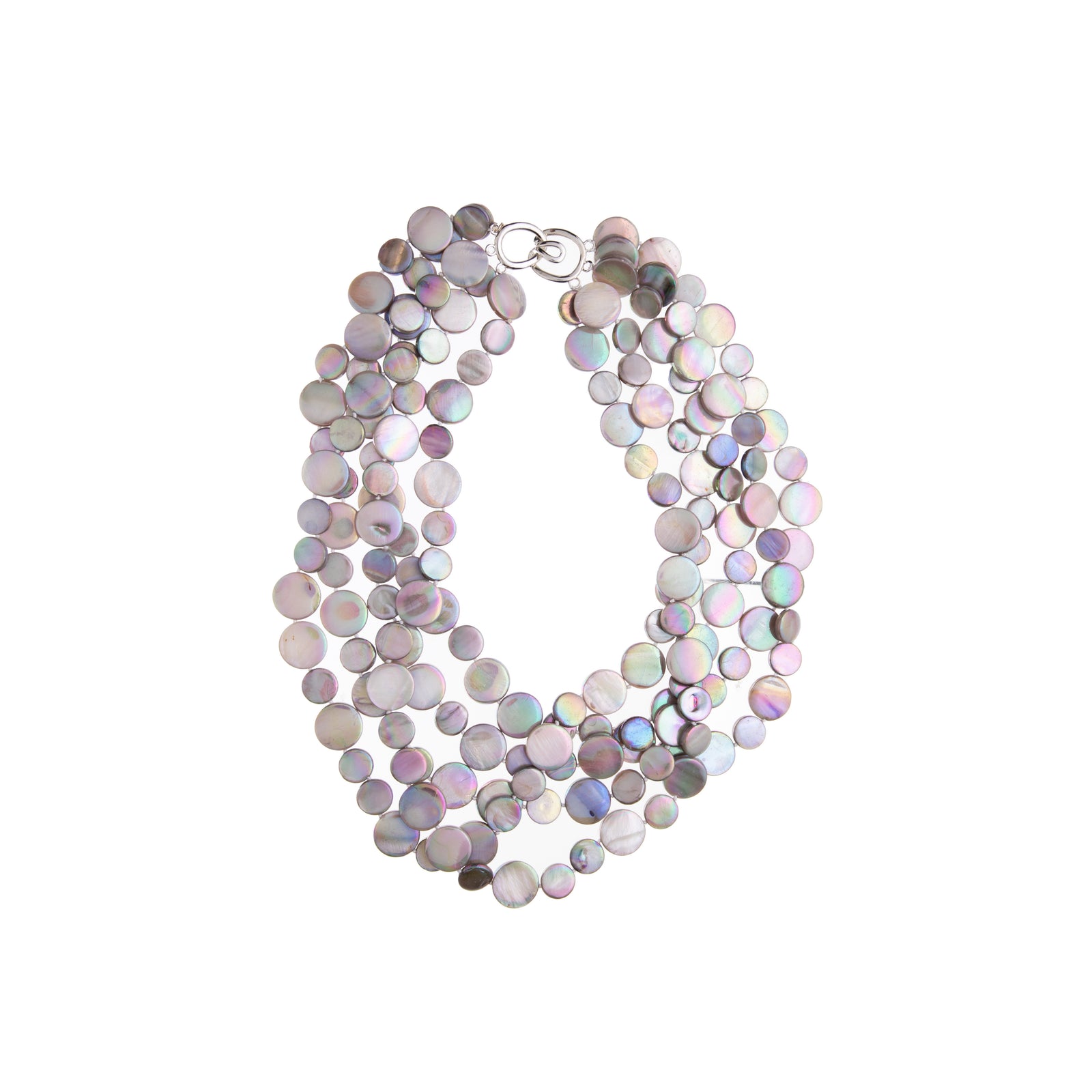 Make a bold statement with this five-strand mother of pearl coin necklace! In various shades of taupe, the mother of pearl coins on this stranded statement necklace would go with any outfit! 