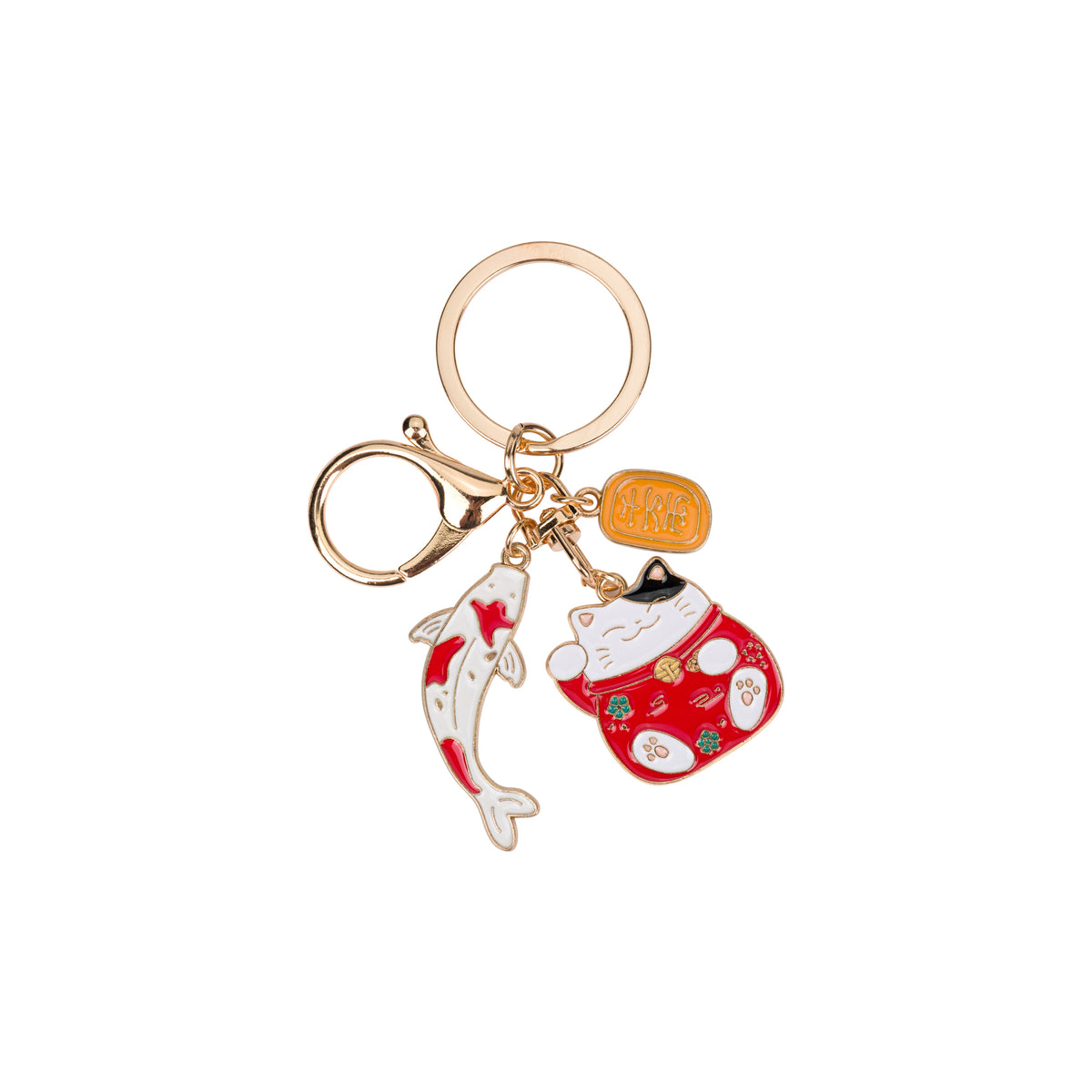 A gold-tone metal keychain featuring three charms: a koi fish, a red lucky cat, and a small orange tag, shown on a plain white background.