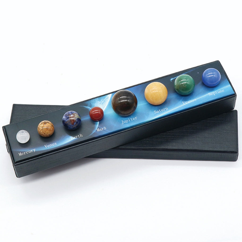 This celestial collection of semiprecious stones is a delightful representation of our solar system. Each stone has been selected for its color similarity to the planet it represents, and the size of each stone gives an idea of the size of each planet, relative to the size of Earth. A wonderful gift for any space or science enthusiast. Box dimensions: 8" x 2.75" x 1.5"