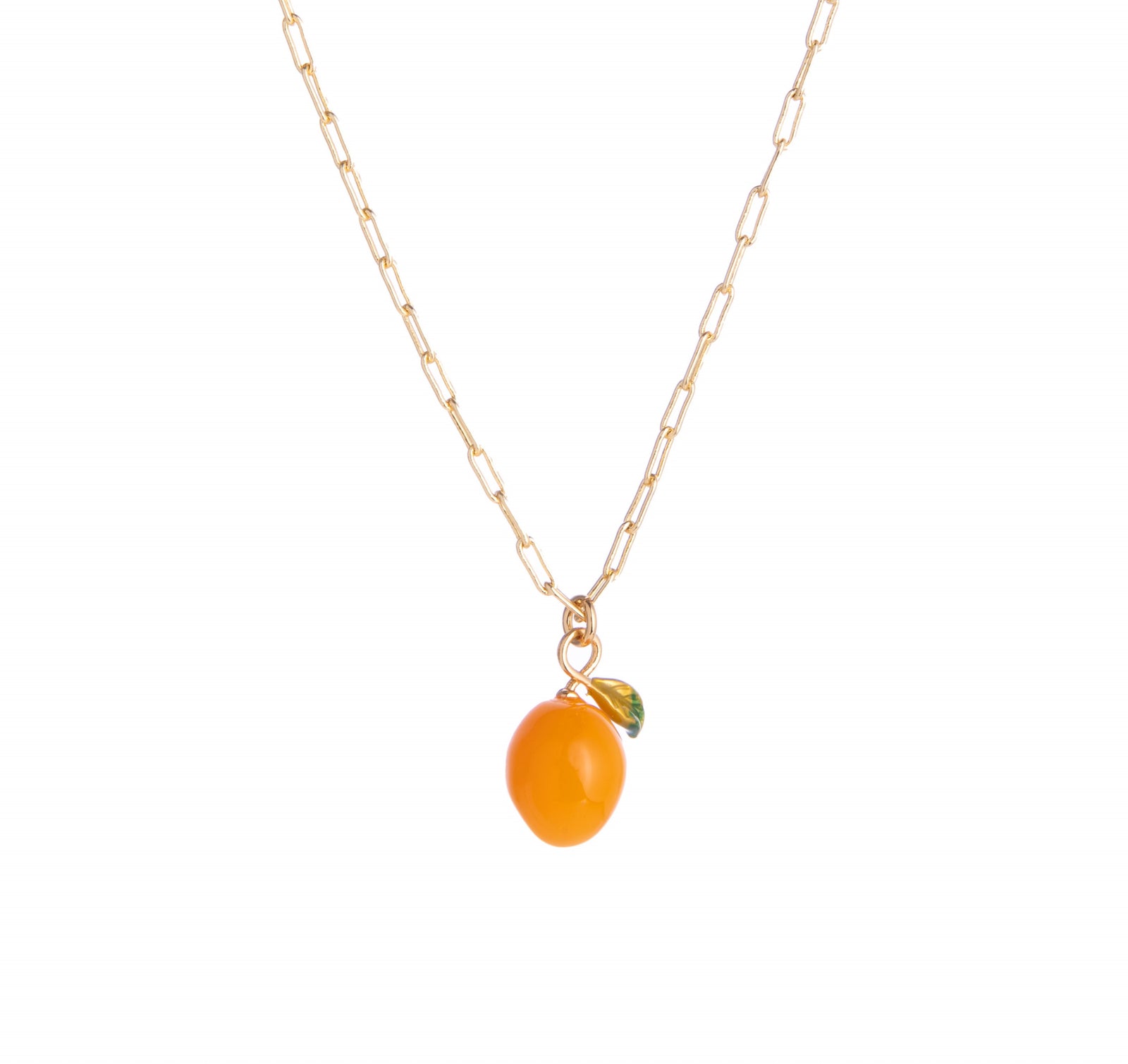 These gorgeous necklaces with paper clip chains feature either a resin orange or lemon pendant. With adorable detail on each, the necklaces would go perfect with any outfit, or as a gift to a friend. Material: Brass, Resin, Enamel Dimensions: 16" plus 2" extender Lobster clasp closure Lead and Nickel-free