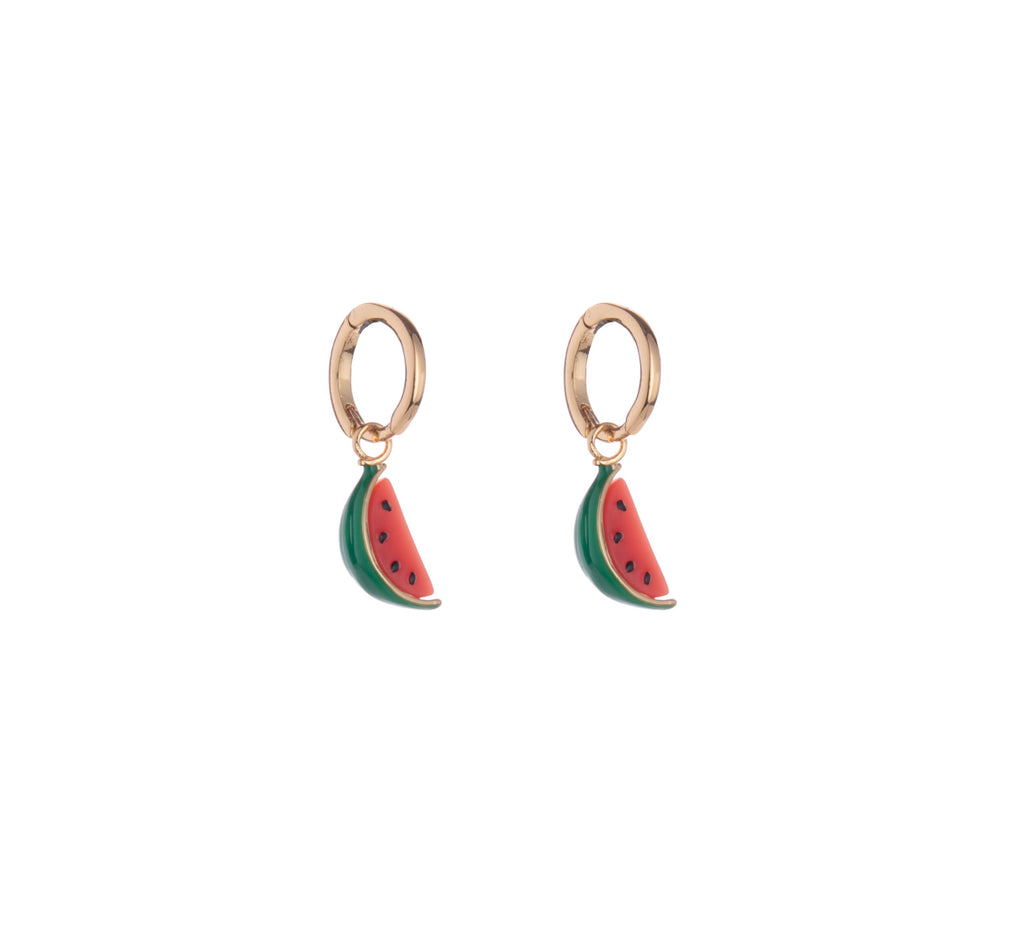 These watermelon huggie hoop earrings feature red, green, and black enamel detail to make for a very cute slice. This necklace is perfect for adding a pop of refreshing color to any outfit!  Material: Brass, Resin, Enamel Dimensions: 0.9" Length, 0.2" Width Huggie hoop closure Lead and Nickel-free