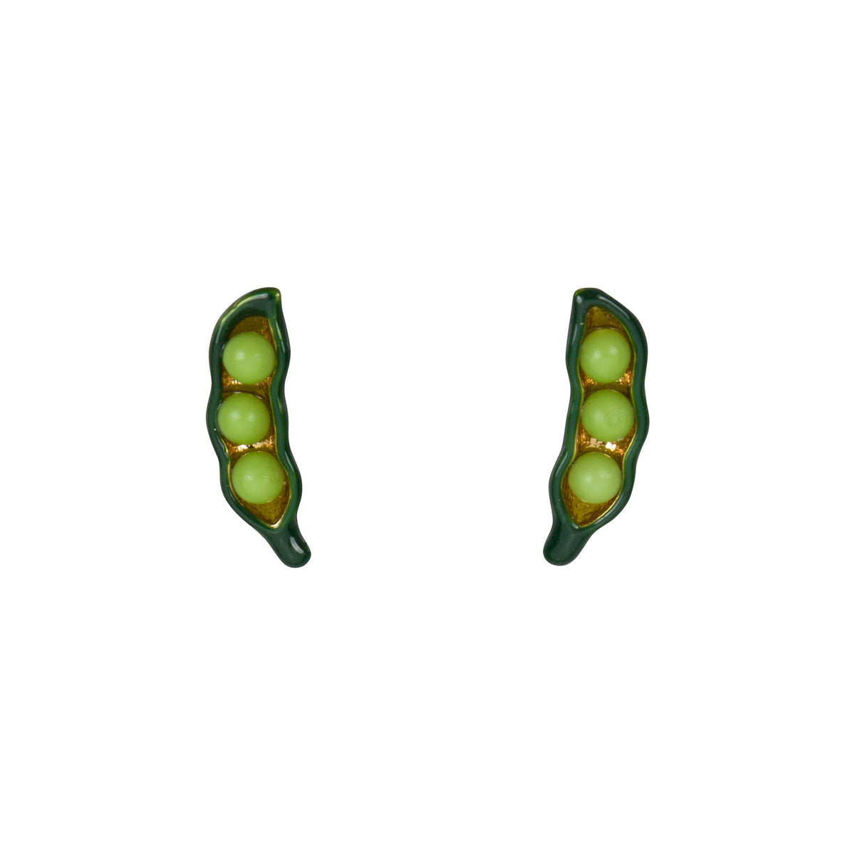 A pair of green and yellow enamel stud earrings shaped like peas in pods, set against a plain white background.