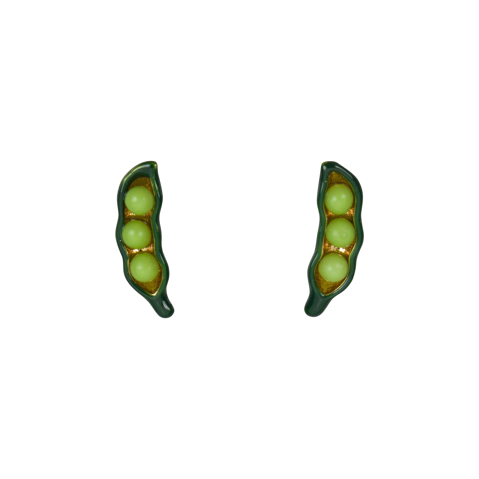 A pair of green and yellow enamel stud earrings shaped like peas in pods, set against a plain white background.